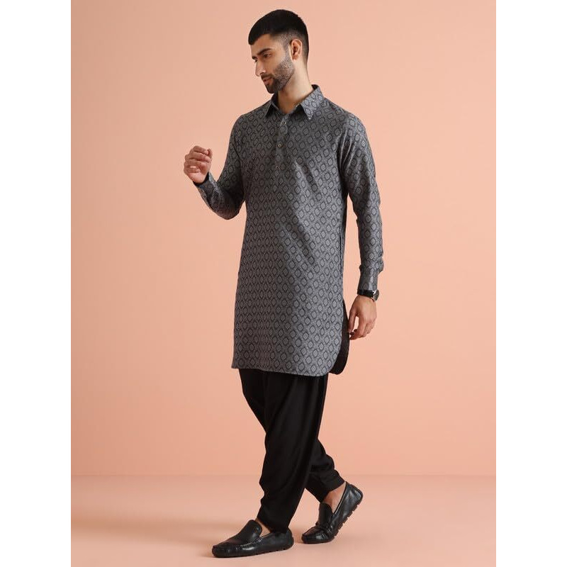 Kisah Men's Kurta Patiyala Set, Grey Silk Blend, Jacquard Regular Fit Mandarin Collar Long Sleeves (38)