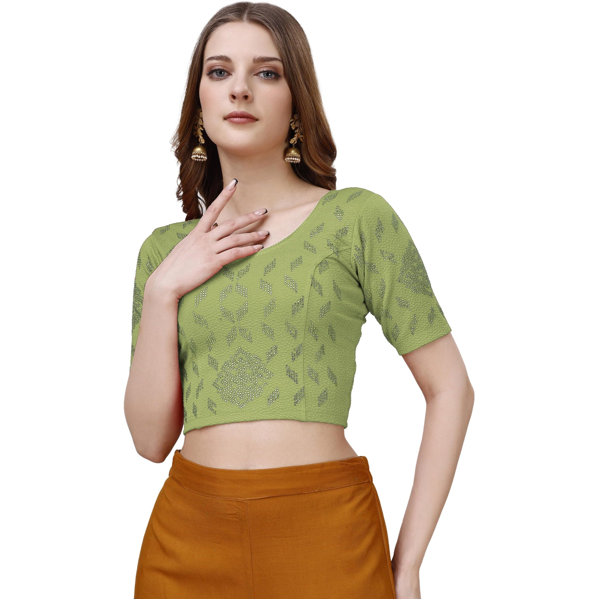 Vihu Fashion Women's Stretchable Embroidery Half Sleeve Stretch Blouse (Vf Lycra Bindi Mehendi Green 2Xl