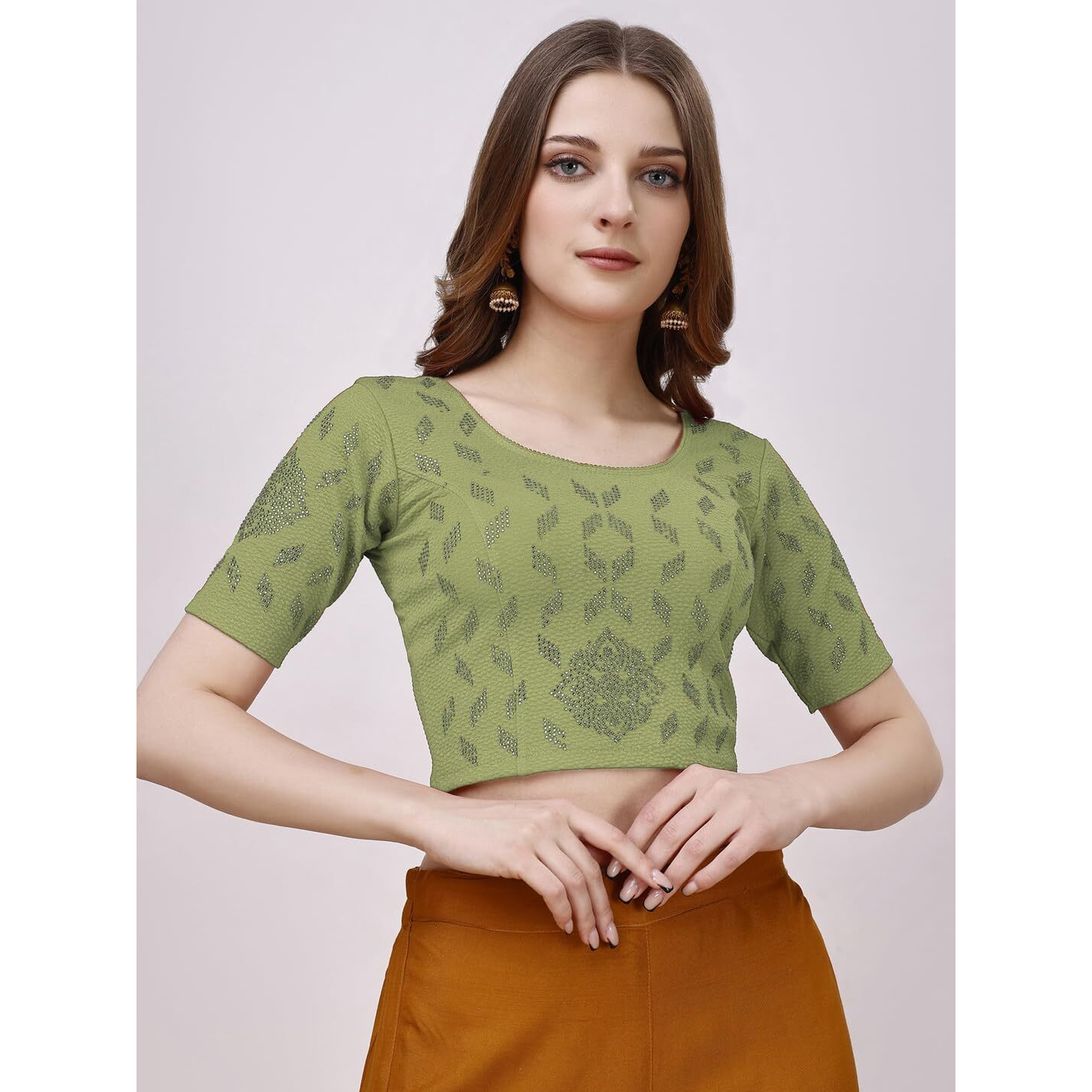Vihu Fashion Women's Stretchable Embroidery Half Sleeve Stretch Blouse (Vf Lycra Bindi Mehendi Green 2Xl