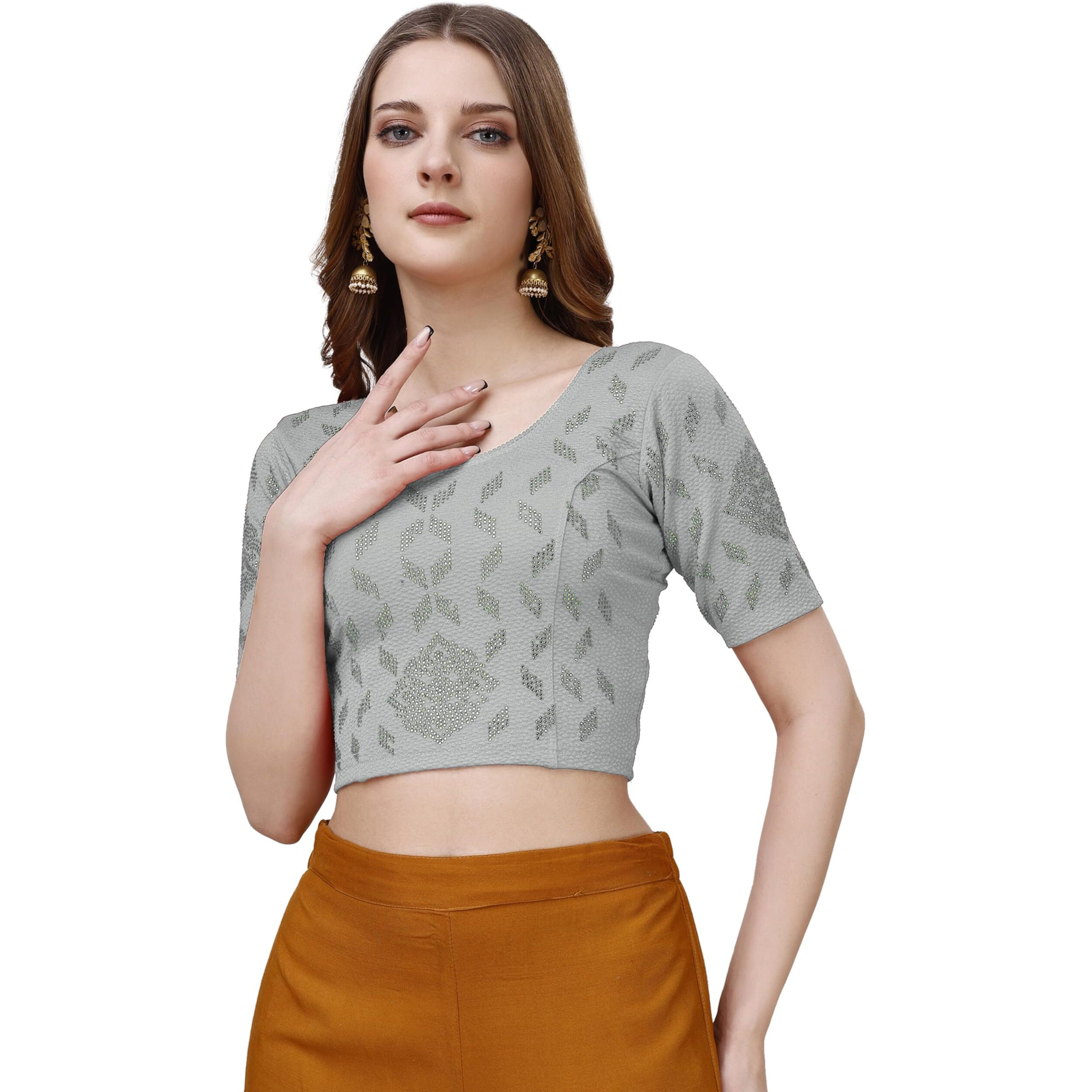 Vihu Fashion Women's Readymade Hosiery Lycra Stretchable Round Neck Half Sleeve Blouse With Swaroski Work Fancy Lycra Stretchable Light Gray Blouse For Women Readymade Saree Blouse