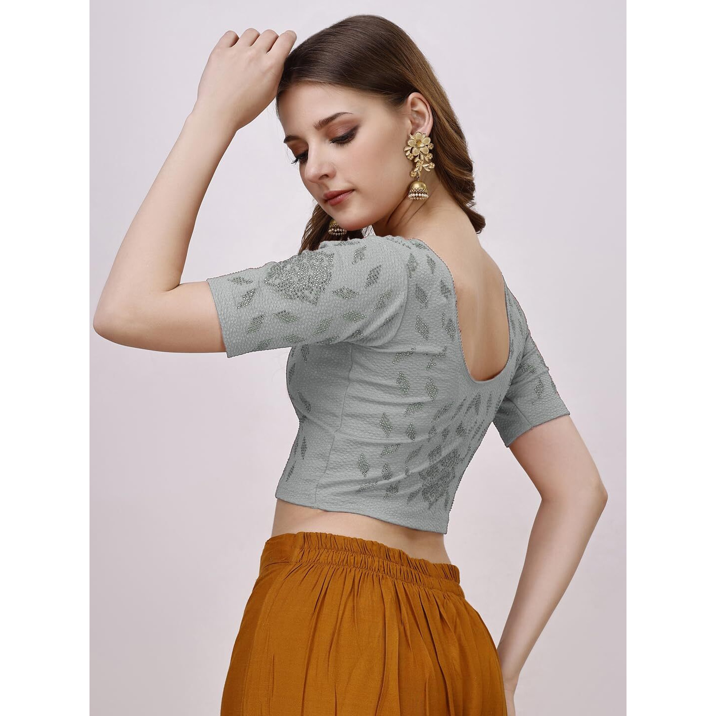Vihu Fashion Women's Readymade Hosiery Lycra Stretchable Round Neck Half Sleeve Blouse With Swaroski Work Fancy Lycra Stretchable Light Gray Blouse For Women Readymade Saree Blouse