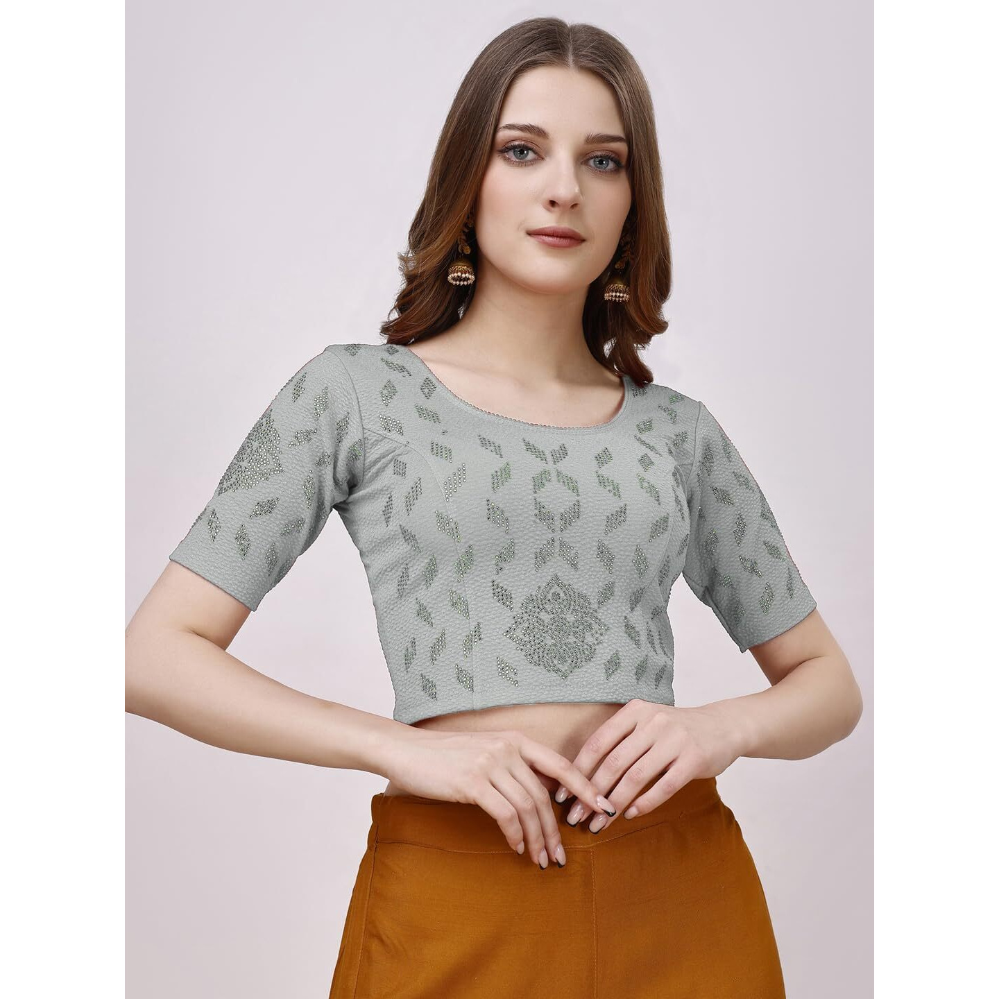 Vihu Fashion Women's Readymade Hosiery Lycra Stretchable Round Neck Half Sleeve Blouse With Swaroski Work Fancy Lycra Stretchable Light Gray Blouse For Women Readymade Saree Blouse