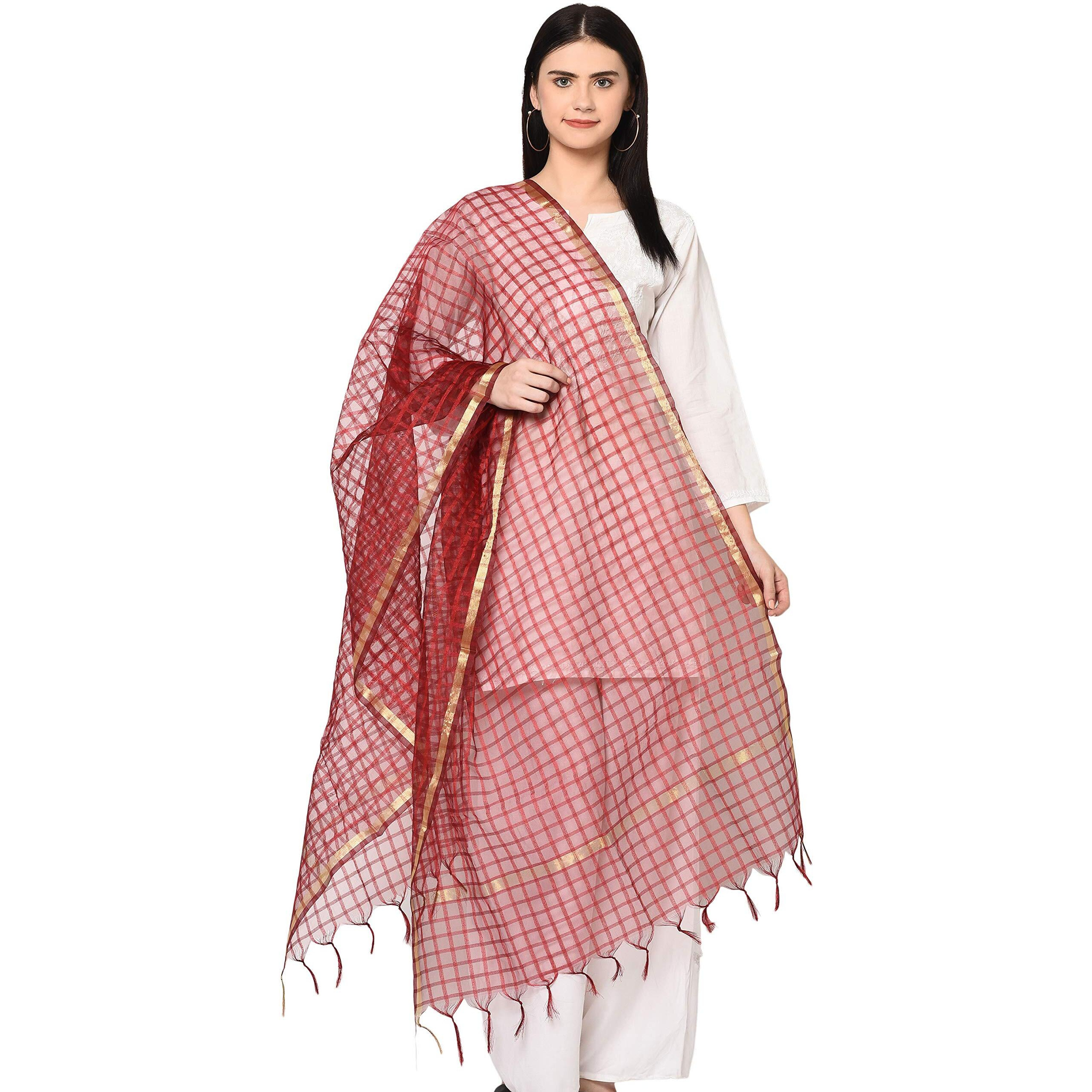 Weavers Villa Banarasi Poly Silk Checks Women's Dupatta (Maroon Checks), 2.25 Mtrs