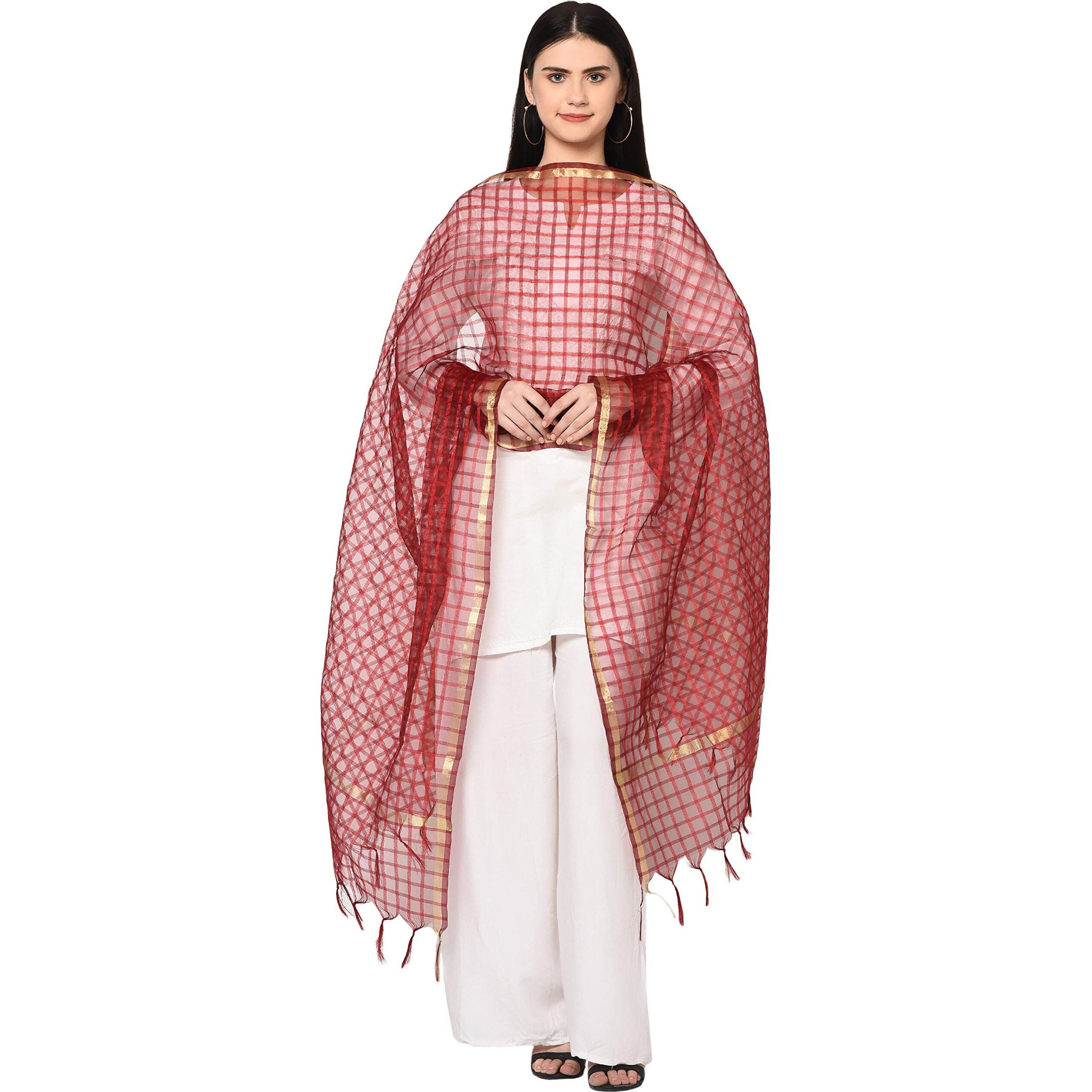 Weavers Villa Banarasi Poly Silk Checks Women's Dupatta (Maroon Checks), 2.25 Mtrs
