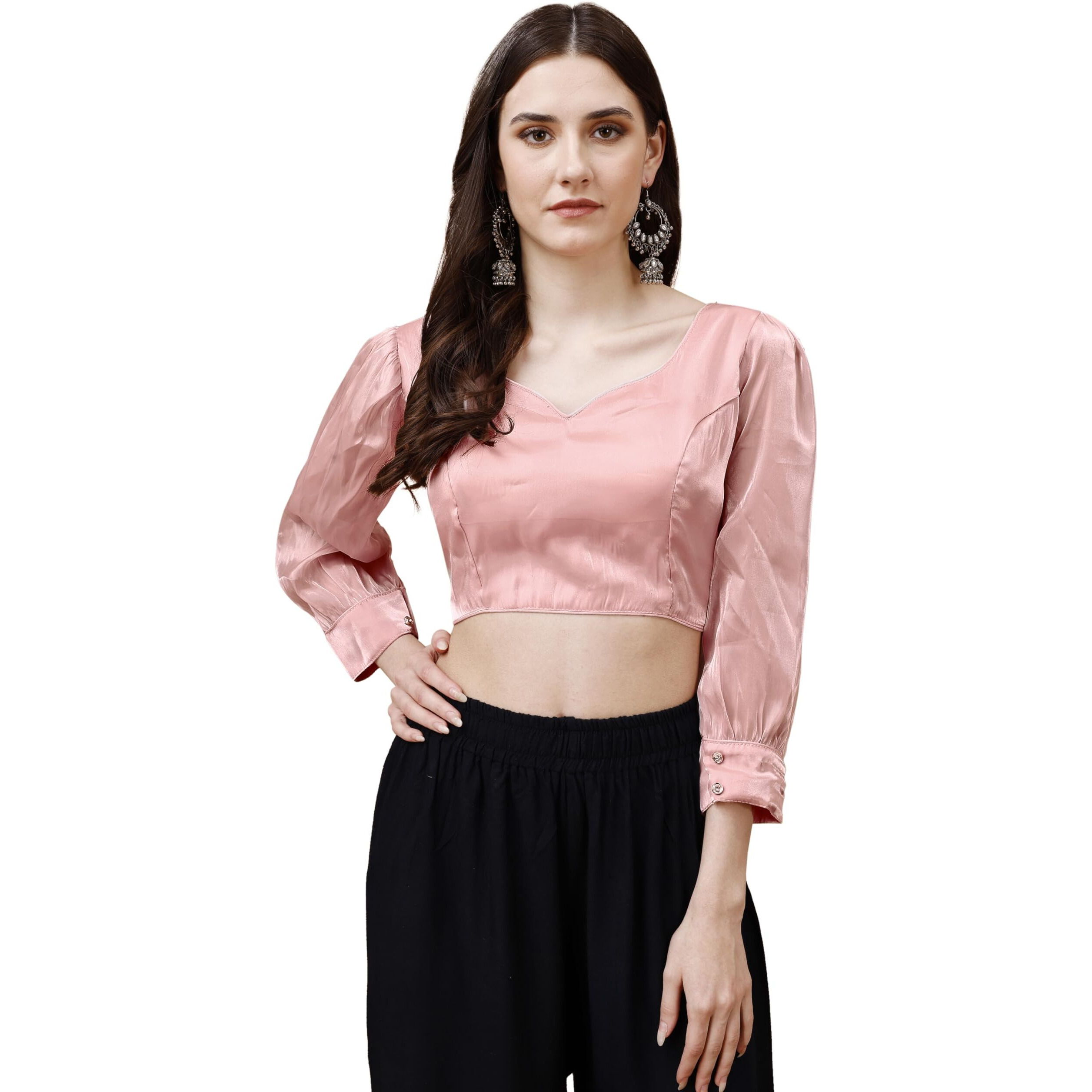 Womanista Women's Synthetic Solid Three-Quarter Sleeves Regular Fit Sequinned Blouse (Bl_32A_Pink L)
