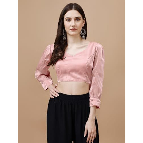 Womanista Women's Synthetic Solid Three-Quarter Sleeves Regular Fit Sequinned Blouse (Bl_32A_Pink L)