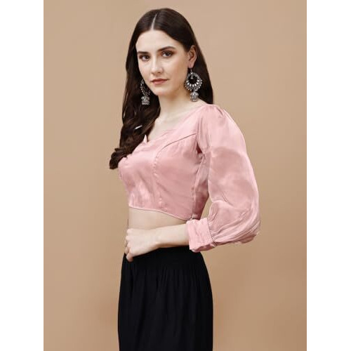 Womanista Women's Synthetic Solid Three-Quarter Sleeves Regular Fit Sequinned Blouse (Bl_32A_Pink L)