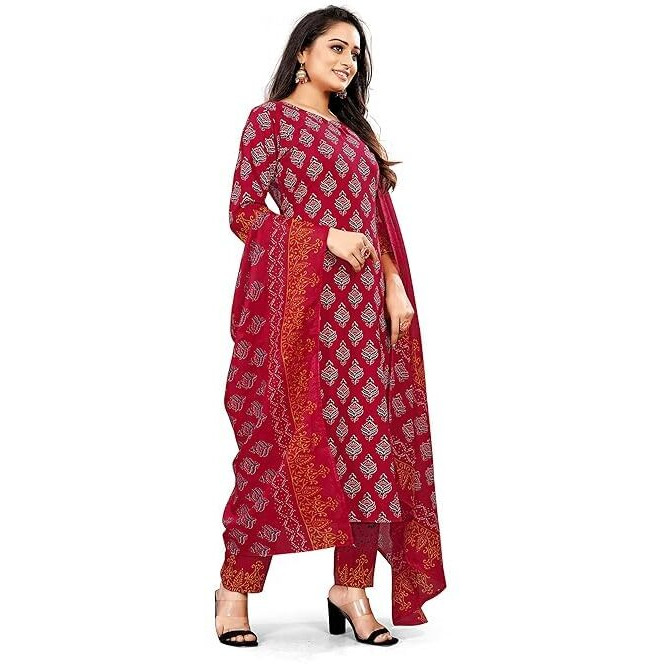 Nermosa Women Printed Kurta And Pant Set With Dupatta (In, Alpha, M, Maroon)