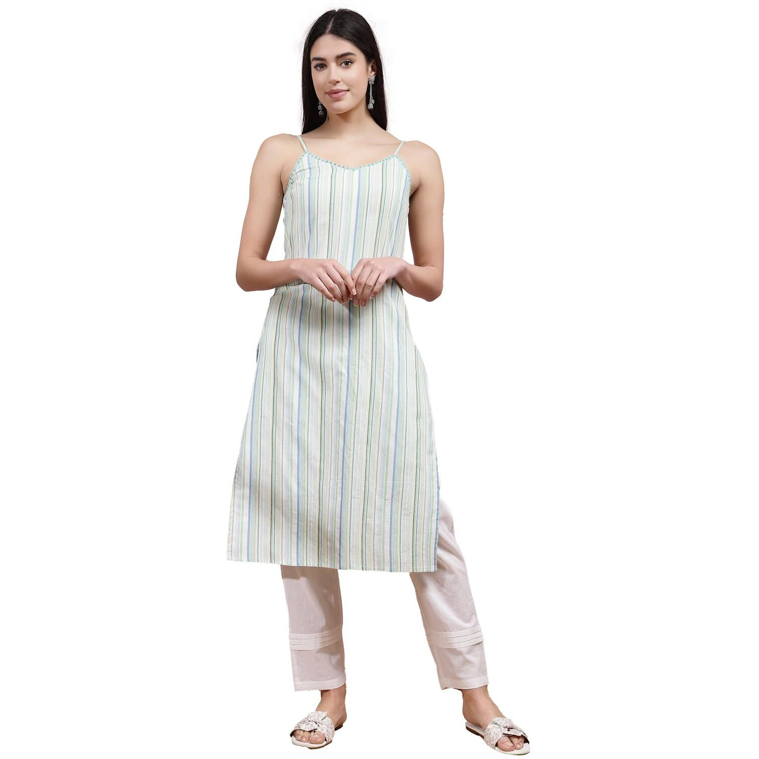 Stylum Women's Woven Striped Cotton Blend Straight Kurta (Rigel44_Green, Xxl)