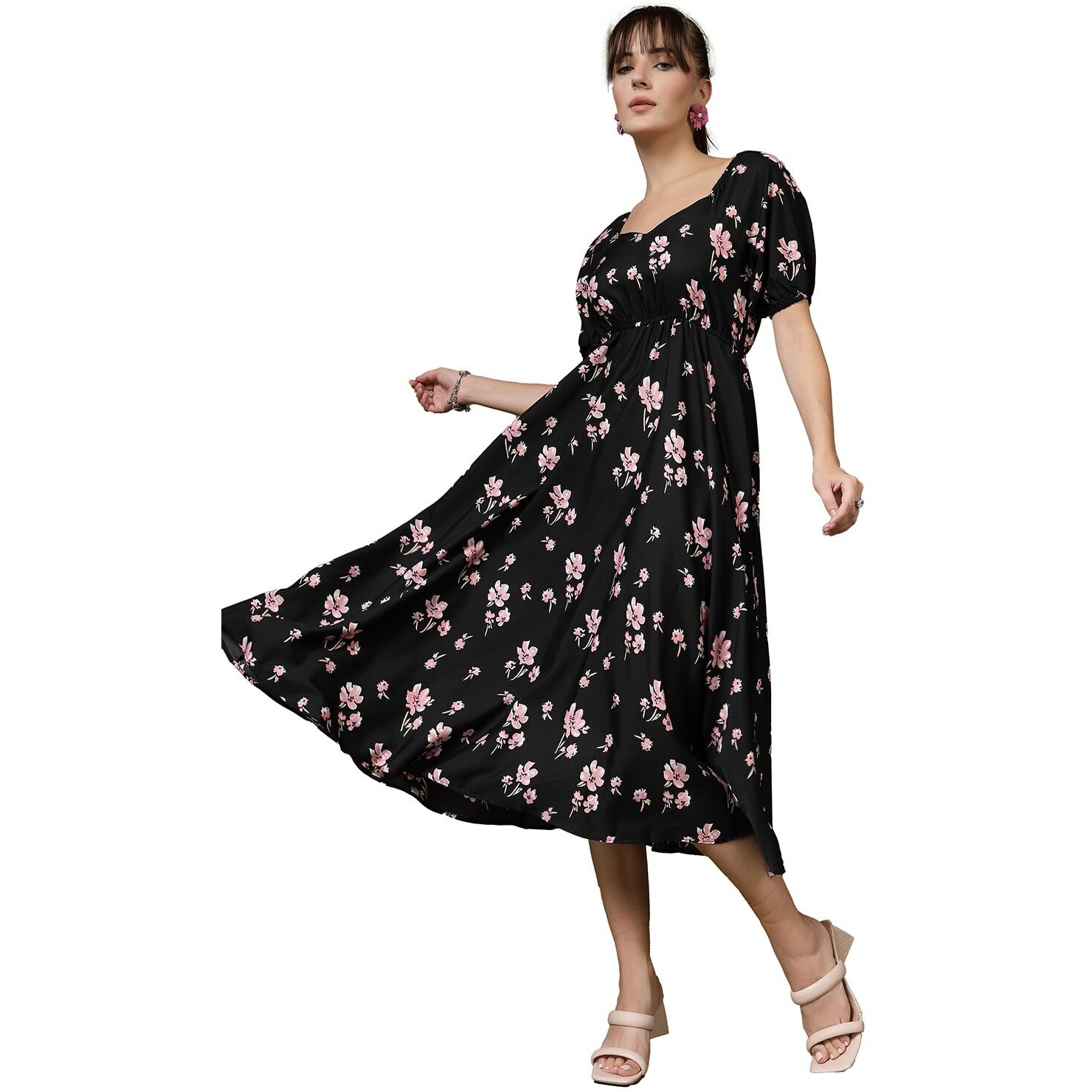 Oomph Flared Dress For Women Stylish | Long One Piece For Women | Puff Sleeve Long Dress | Floral Print Maxi One Piece | Western & Fusion Wear Black