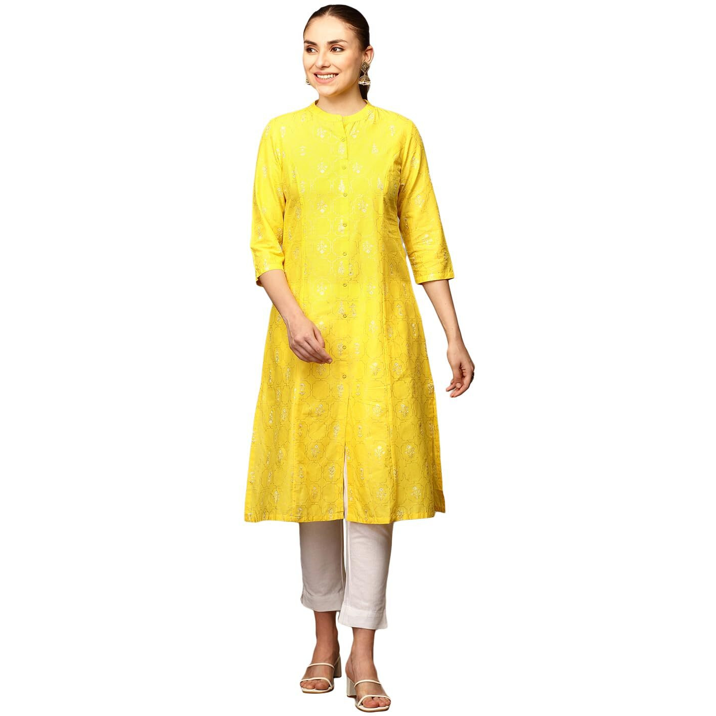 Anubhutee Women Band Collar Cotton Mustard Kurta