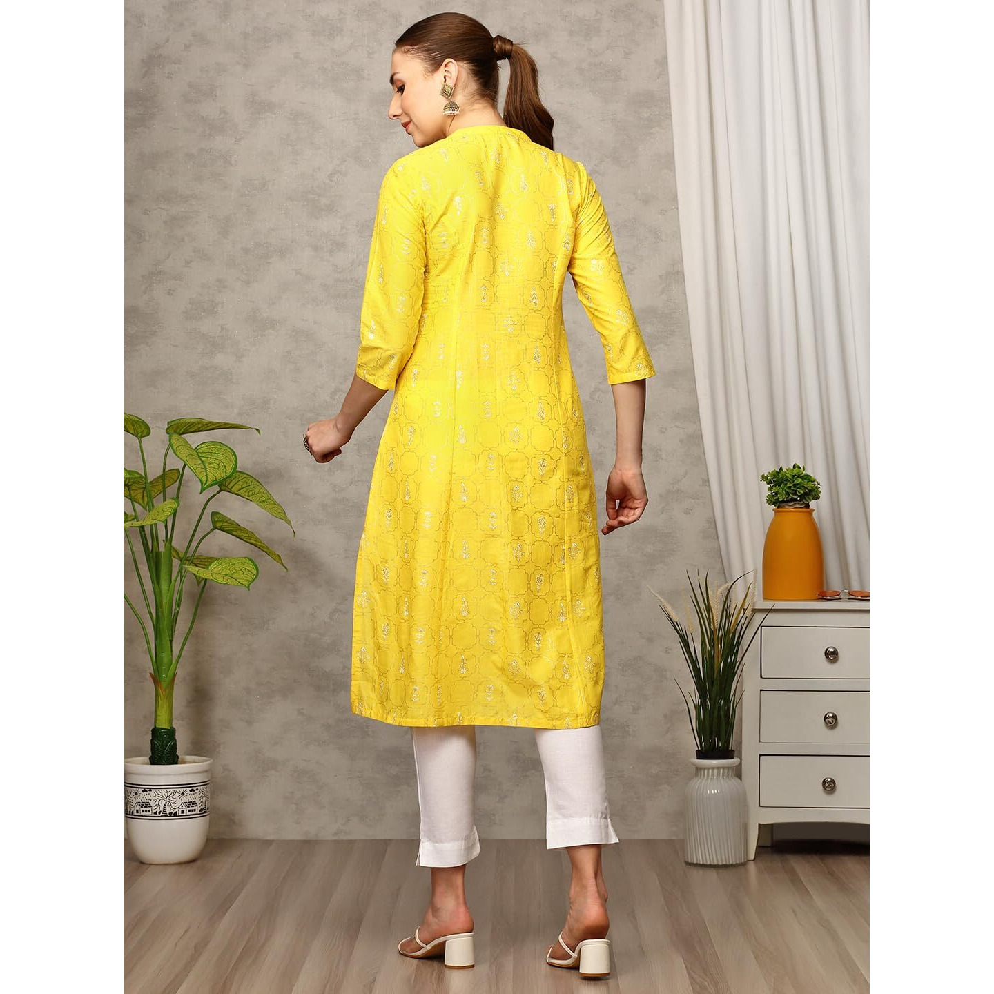 Anubhutee Women Band Collar Cotton Mustard Kurta