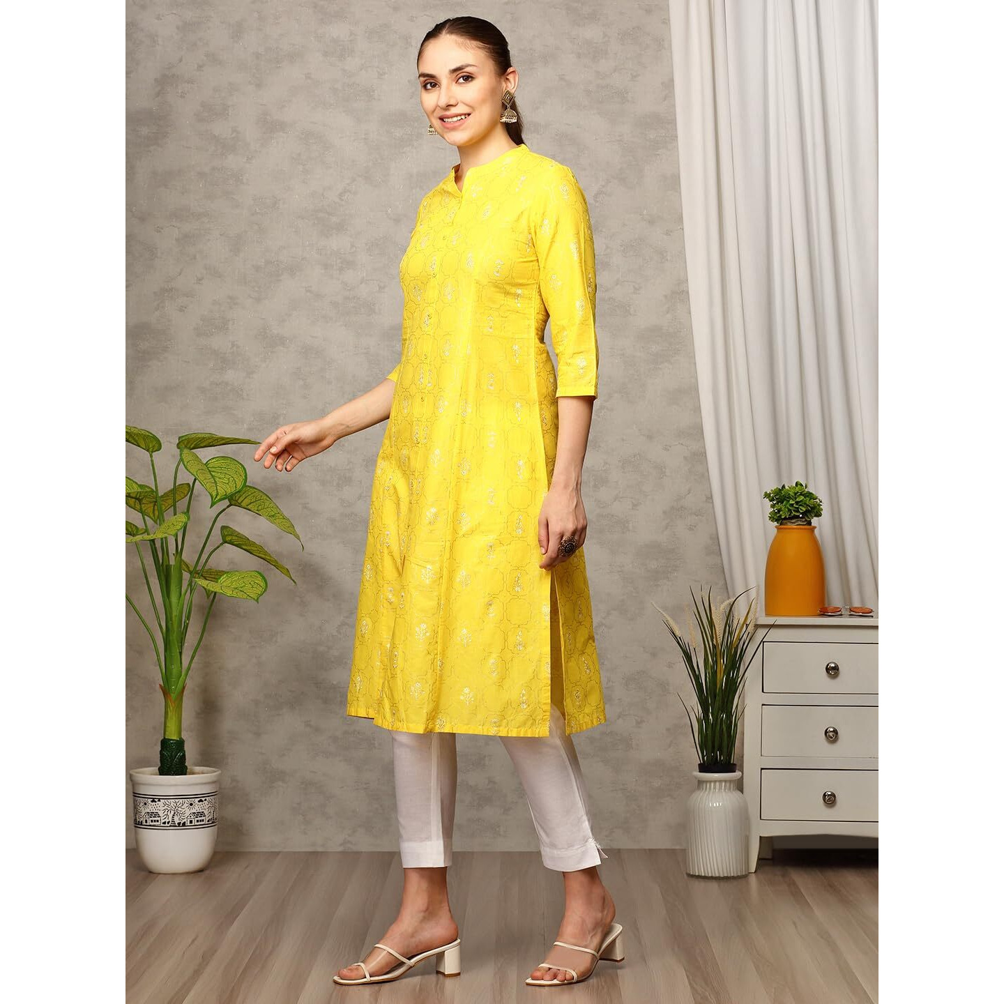 Anubhutee Women Band Collar Cotton Mustard Kurta