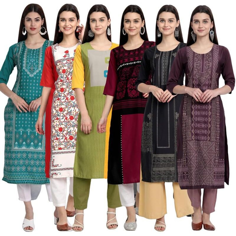 Pinkmint Elegant Printed Crepe Kurti's For Women's Ll Fashionable Kurti Ll Stright Round Neck Kurti (Pack Of 6)