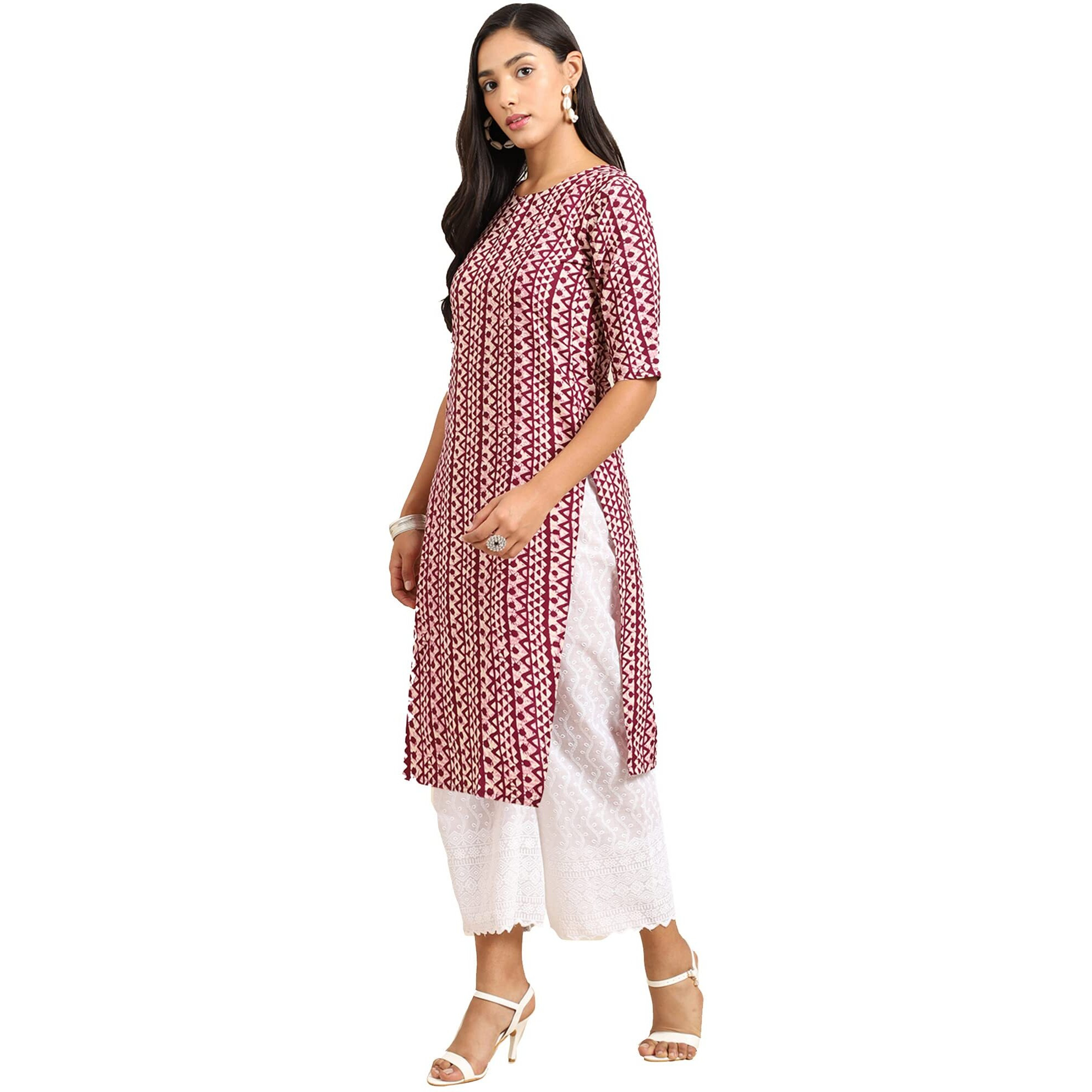 Pinkmint Women's Crepe Wine Color Ethnic Motif Printed Straight Kurti (Ri-530347-L)