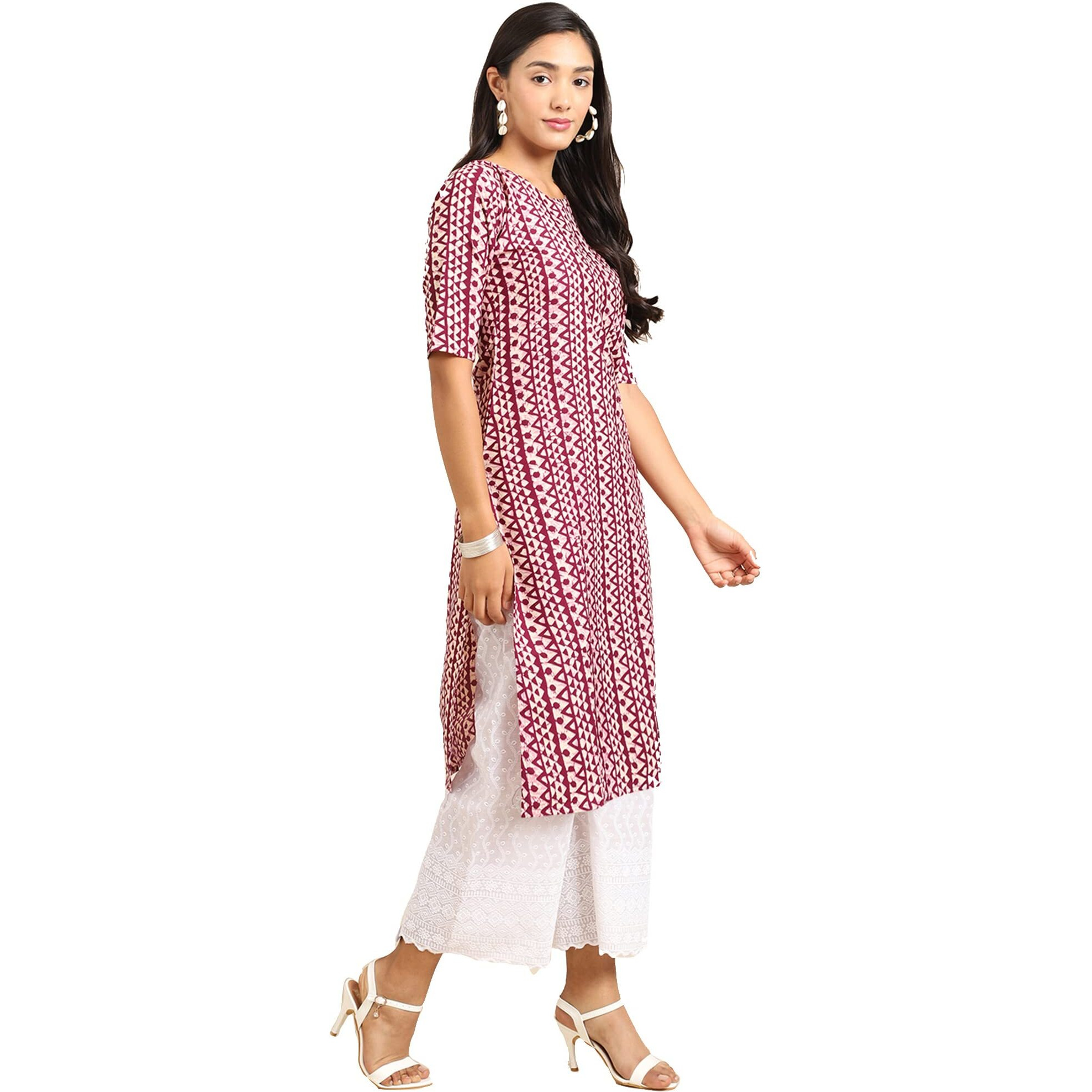 Pinkmint Women's Crepe Wine Color Ethnic Motif Printed Straight Kurti (Ri-530347-L)