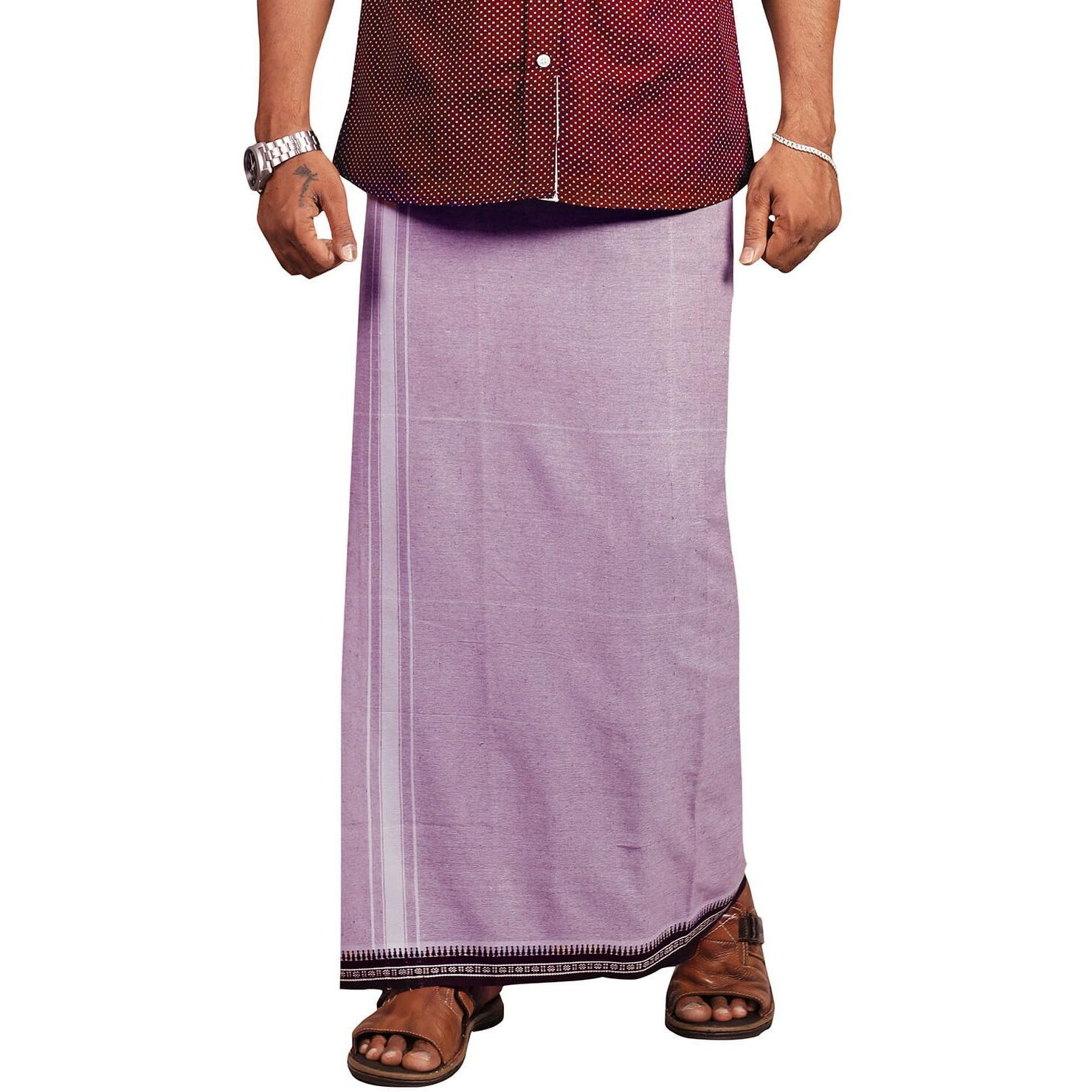 Prakasam Cotton Mens Kerala Thalapathi Border Purple Colour Welcro Pocket Cotton Dhoti (Size -L Size Dhoti)