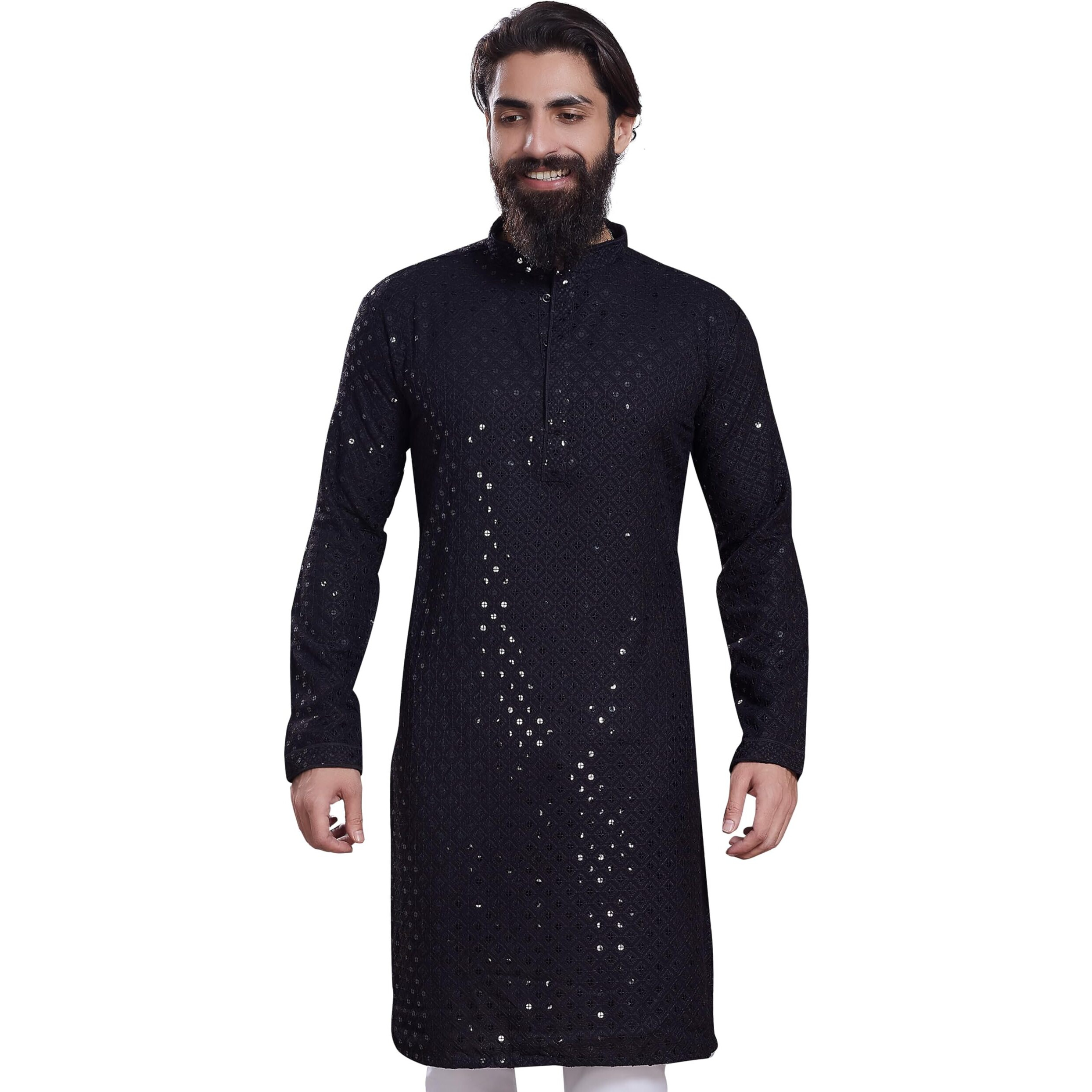 Divisive Men's Sequince Embroidered Cotton Blend Only Slim Fit Kurta (Dkrt230_Xl_Black)