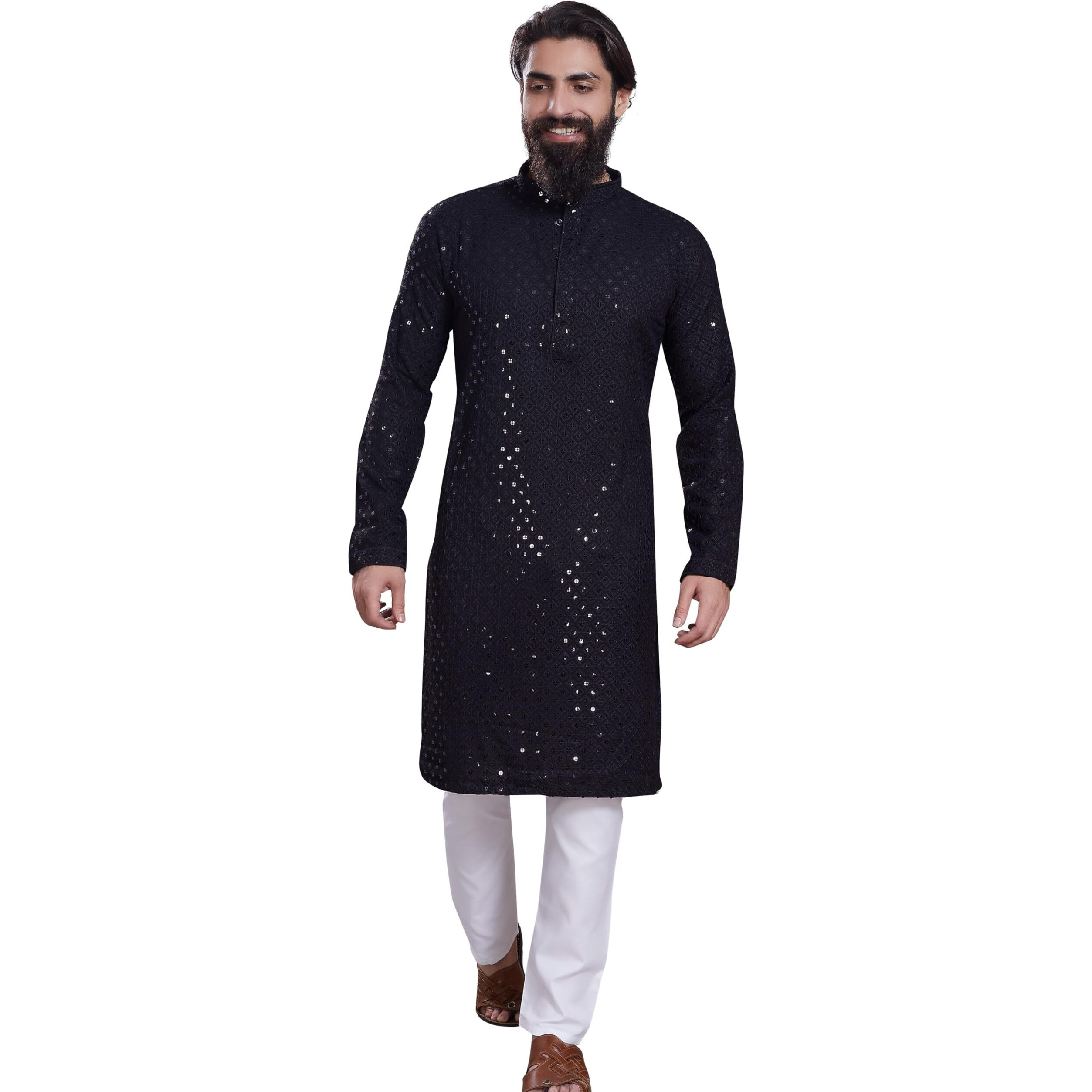 Divisive Men's Sequince Embroidered Cotton Blend Only Slim Fit Kurta (Dkrt230_Xl_Black)