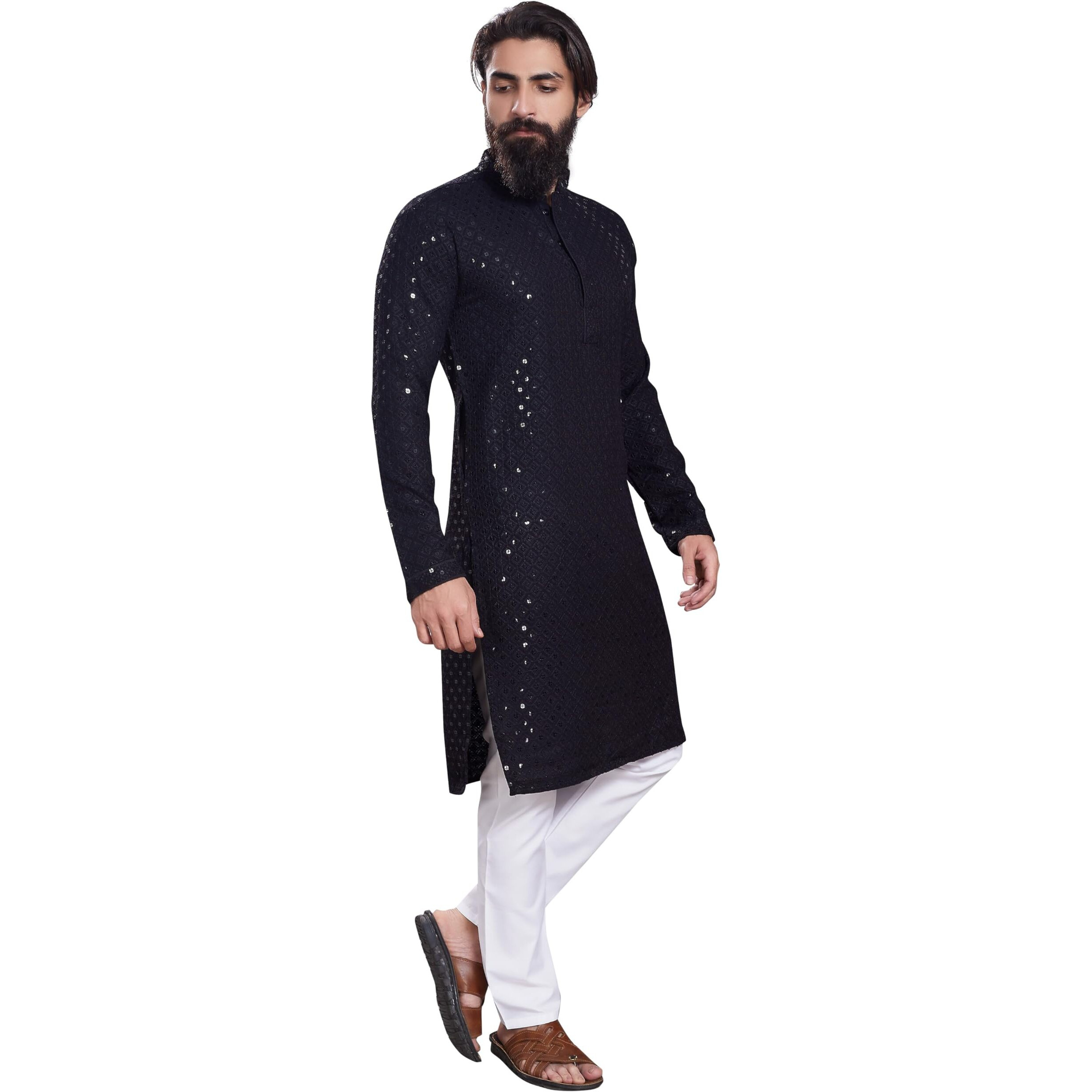 Divisive Men's Sequince Embroidered Cotton Blend Only Slim Fit Kurta (Dkrt230_Xl_Black)