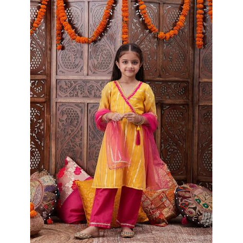 Pspeaches Girl's Art Silk Kurta Set (Ks-Lurexyellow-7-8Y_Yellow