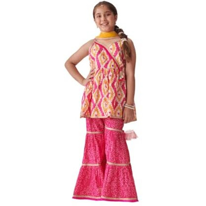 Pspeaches Girl's Cotton Sharara Set (Sha-Orangeikkat-3-4Y_Orange