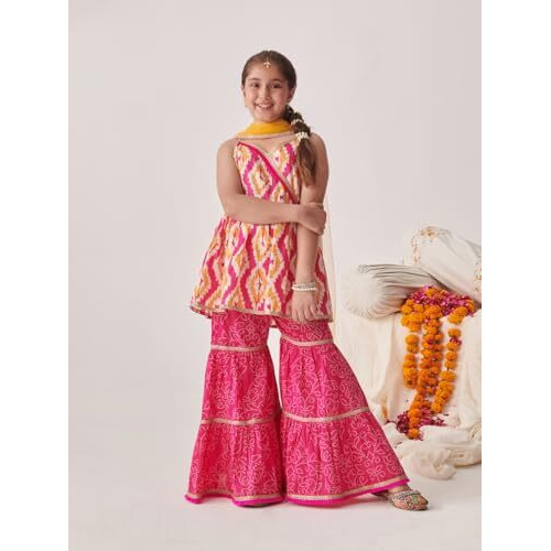 Pspeaches Girl's Cotton Sharara Set (Sha-Orangeikkat-3-4Y_Orange