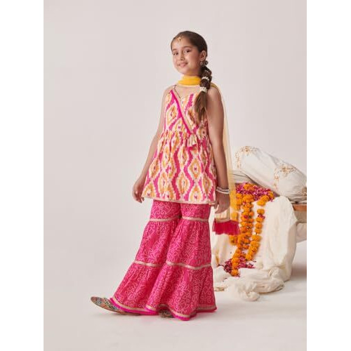 Pspeaches Girl's Cotton Sharara Set (Sha-Orangeikkat-3-4Y_Orange