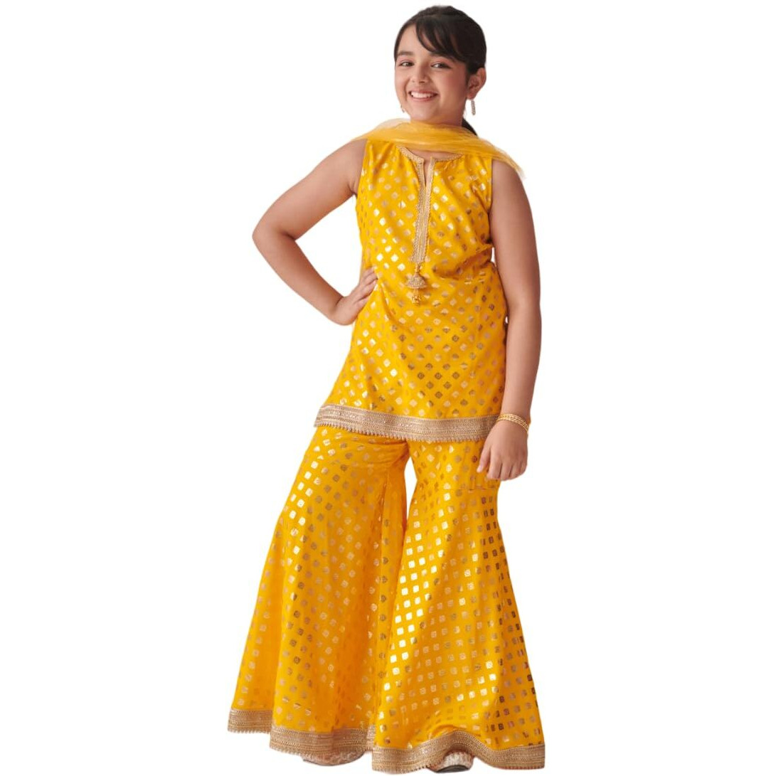 Pspeaches Girl's Cotton Rayon Sharara Set (Sha-Yellowrayonfoil-13-14Y_Yellow