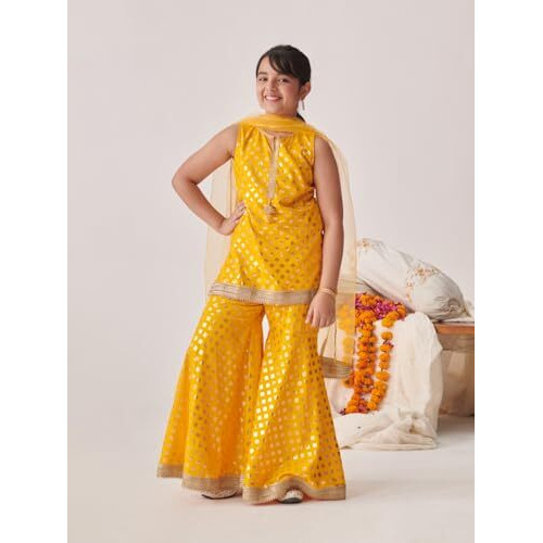 Pspeaches Girl's Cotton Rayon Sharara Set (Sha-Yellowrayonfoil-13-14Y_Yellow