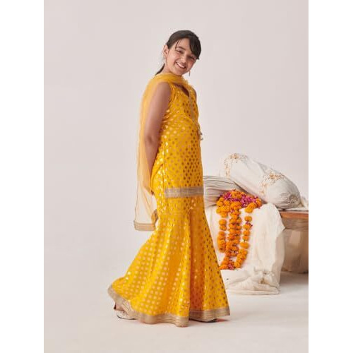 Pspeaches Girl's Cotton Rayon Sharara Set (Sha-Yellowrayonfoil-13-14Y_Yellow