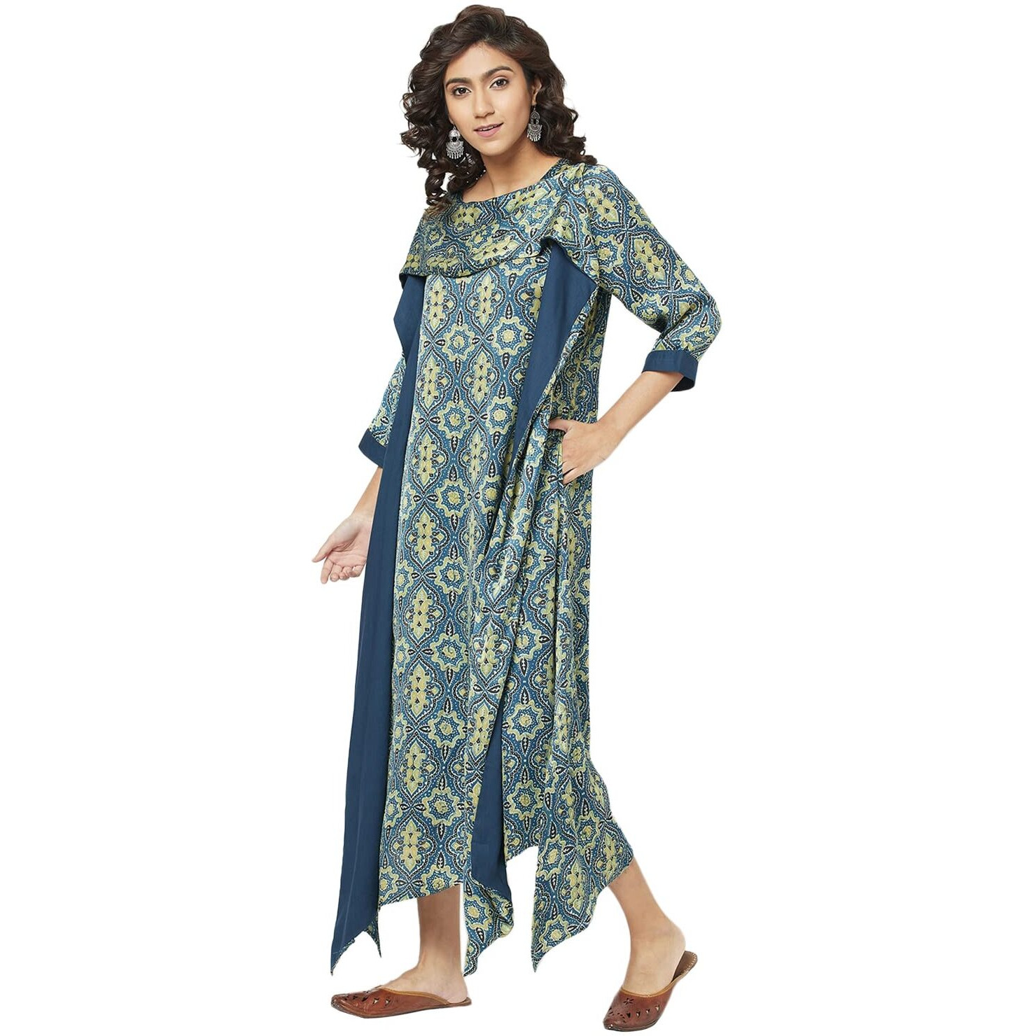 Fabindia Women's Rayon Blend Ankle Length Dress Dark Blue_M