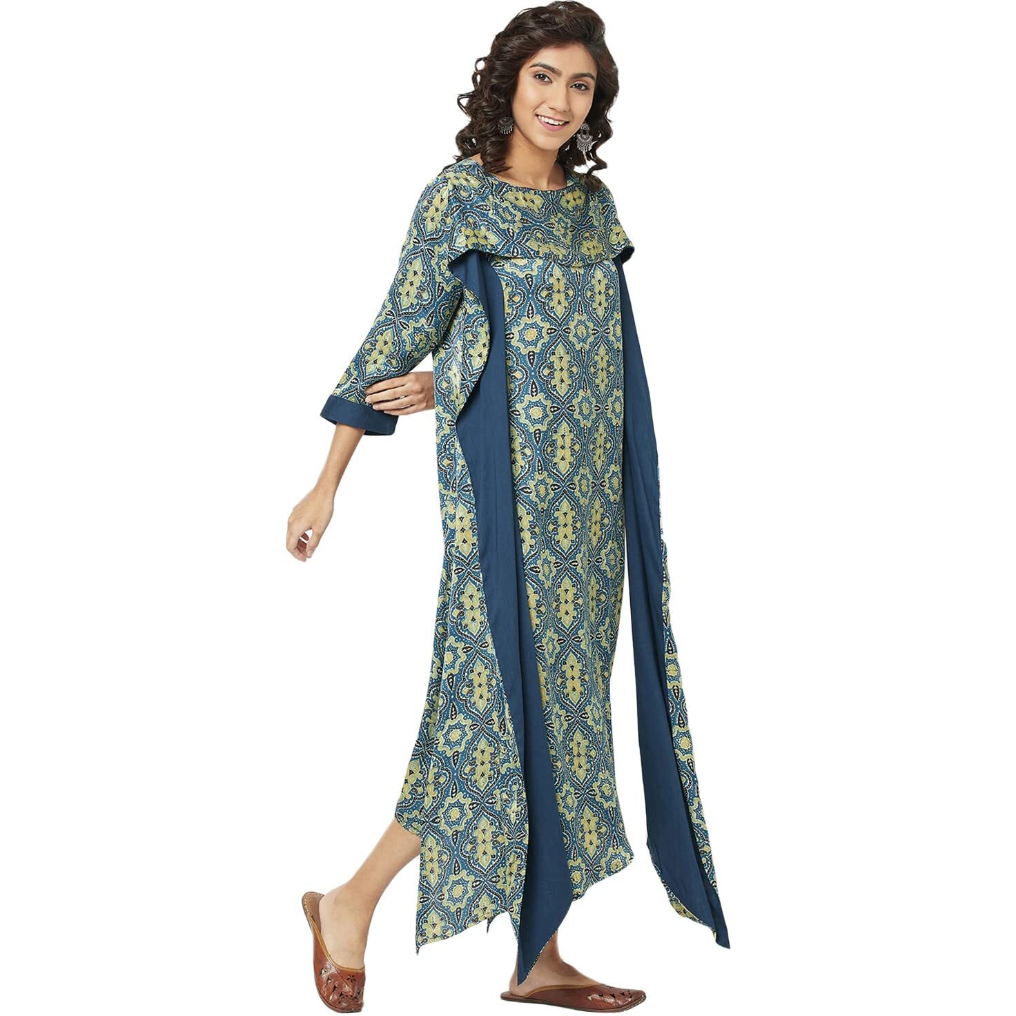 Fabindia Women's Rayon Blend Ankle Length Dress Dark Blue_M