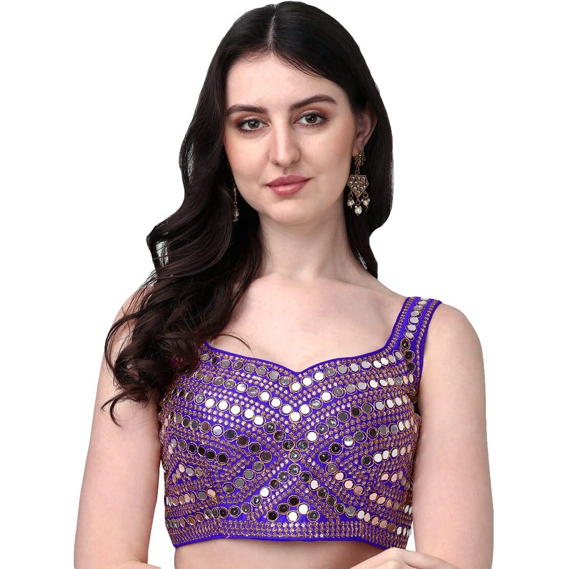 Pujia Mills Women's Embroidery Work Real Mirror Sleeveless Readymade Blouse Royal Blue Color (V-Mirror_Royal Blue_34)