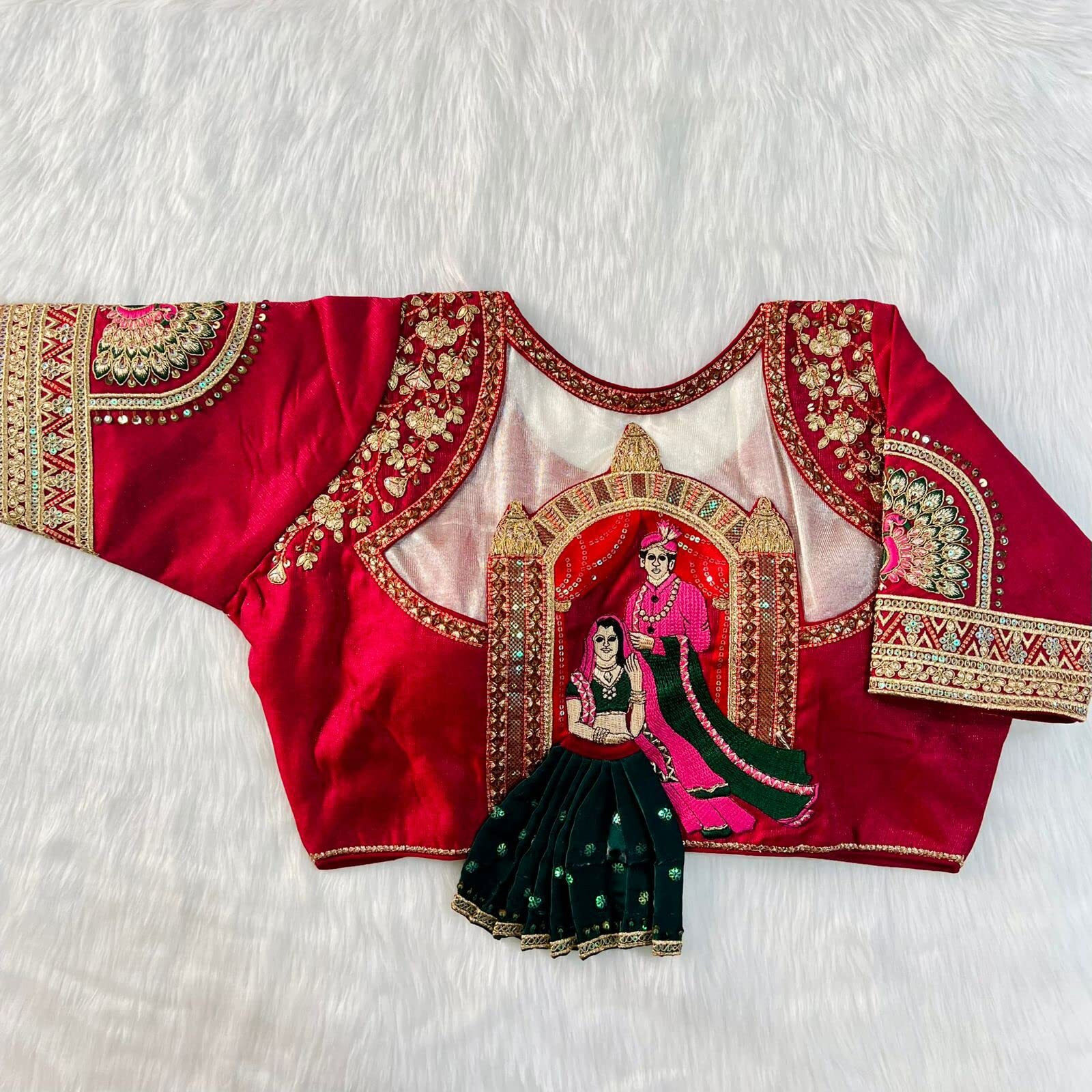 Pujia Mills Women's Milan Silk Codding Sequins Handwork Half Sleeve Maroon Color Blouse Women's Bridal Heavy Work Saree Blouse For Wedding