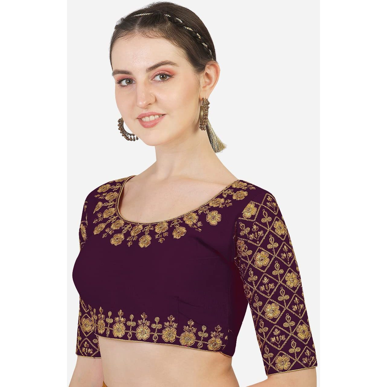 Pujia Mills Women's Phantom Silk Floral Half Sleeve Saree Blouse (Mbb_Purple_36 Size+Margin)