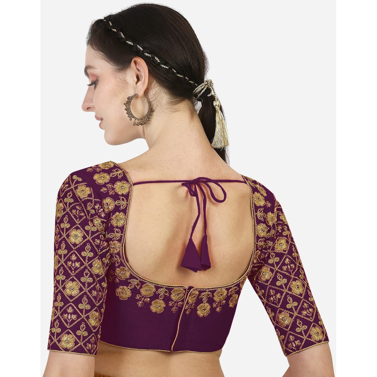 Pujia Mills Women's Phantom Silk Floral Half Sleeve Saree Blouse (Mbb_Purple_36 Size+Margin)