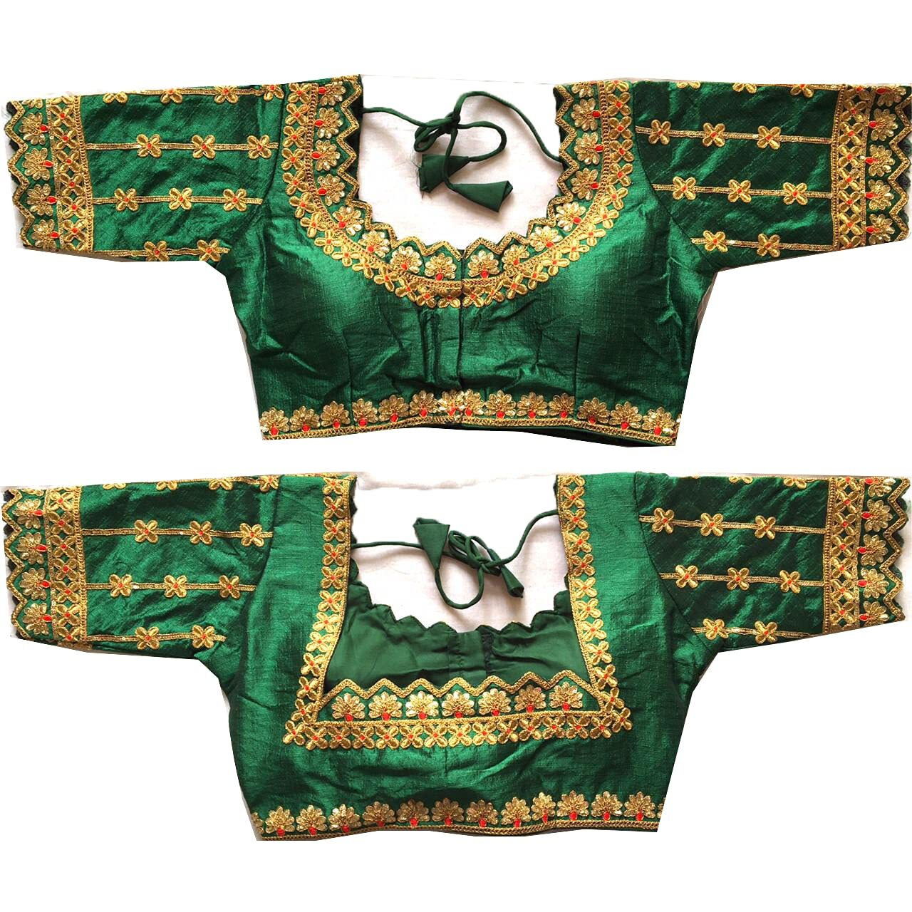 Pujia Mills Women's Silk Embroidery Work Readymade Blouse (Hariyali Blouse_Green_38)