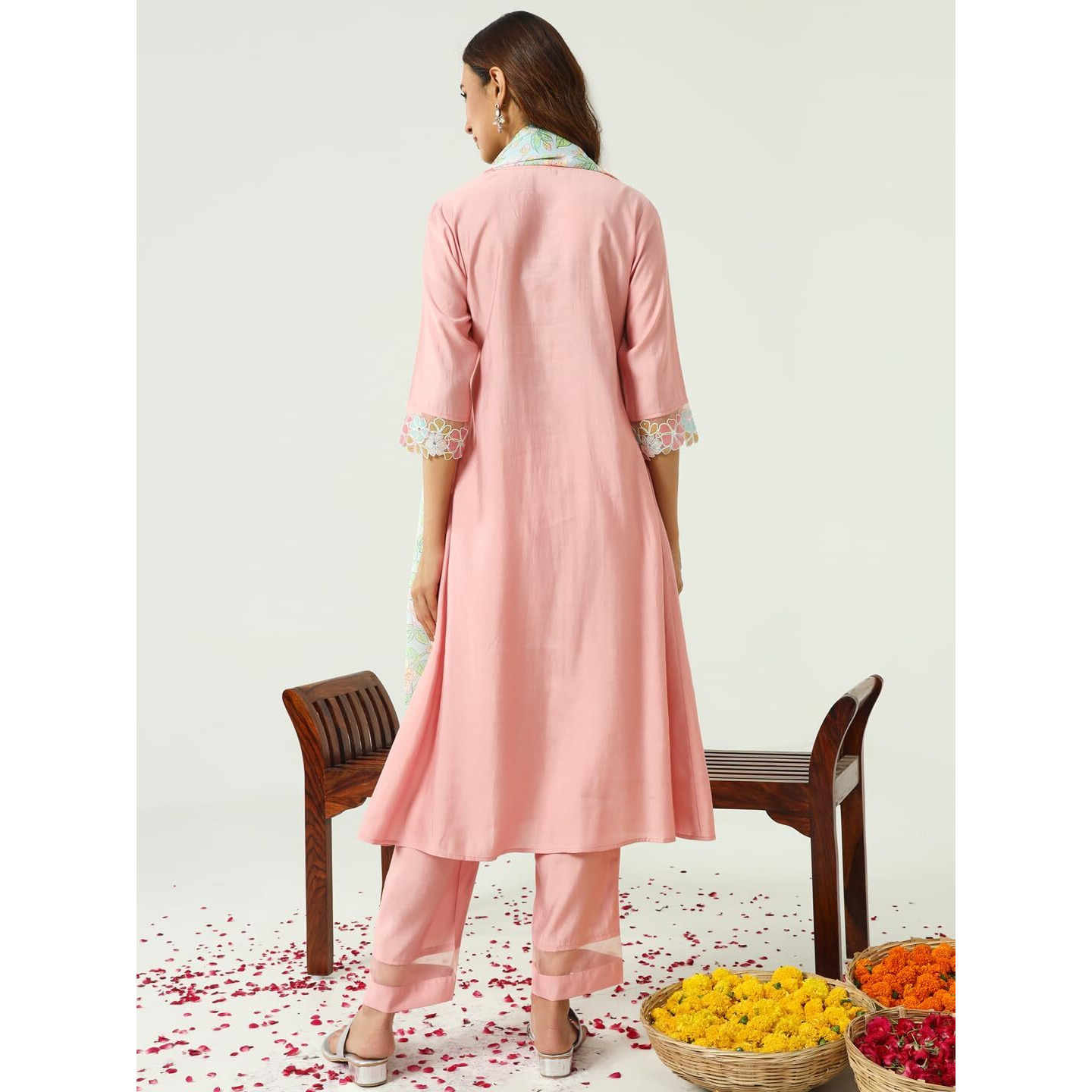 Fiorra Women's Peach Viscose Chanderi A-Line Kurta With Pant And Dupatta Set0162
