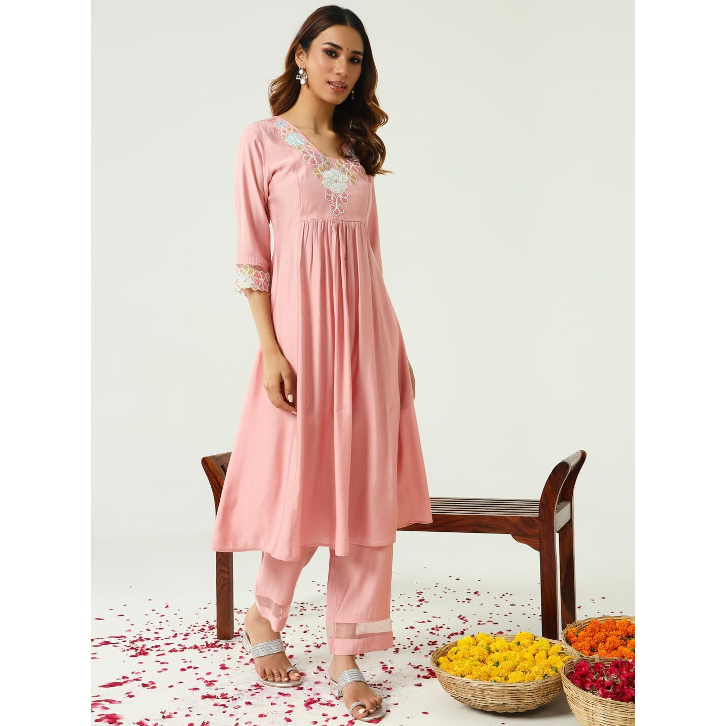 Fiorra Women's Peach Viscose Chanderi A-Line Kurta With Pant And Dupatta Set0162
