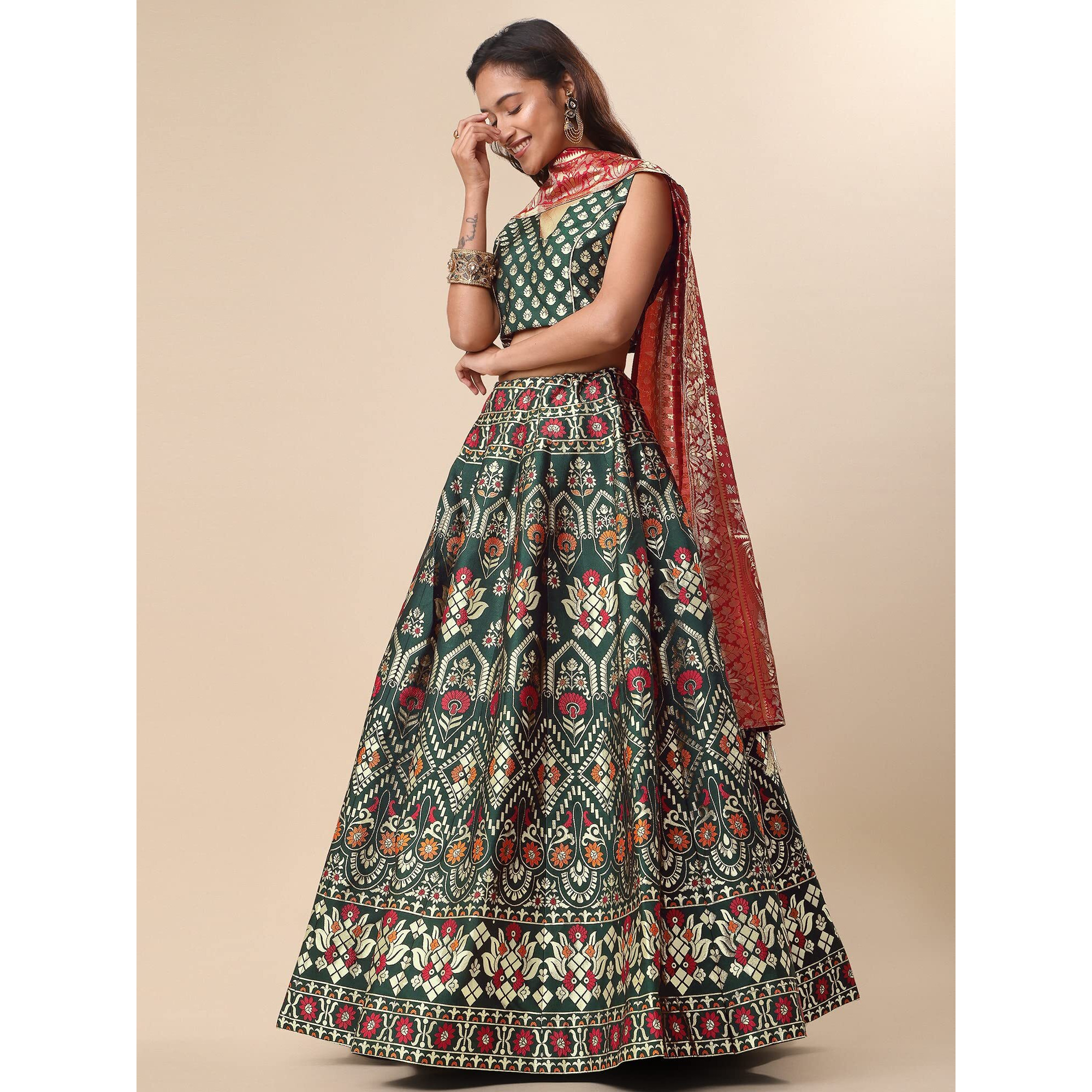 Purvaja Women's Jacquard Semi-Stitched Lehenga Choli (Rose-D-Green_Green_Free Size)