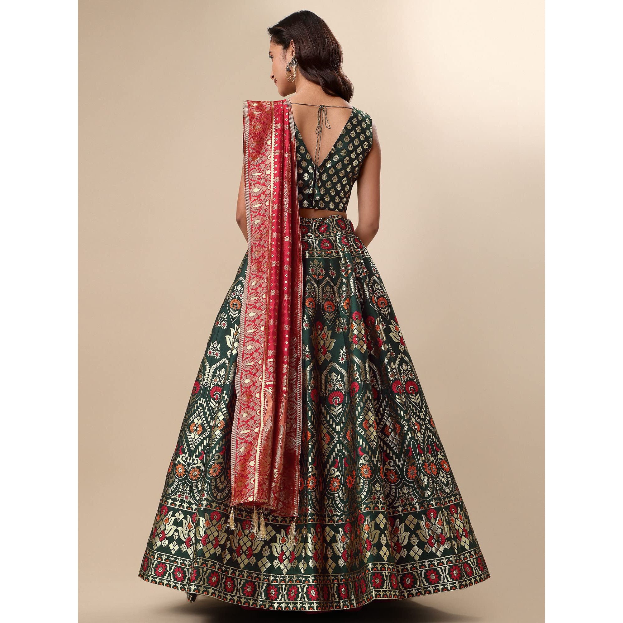 Purvaja Women's Jacquard Semi-Stitched Lehenga Choli (Rose-D-Green_Green_Free Size)