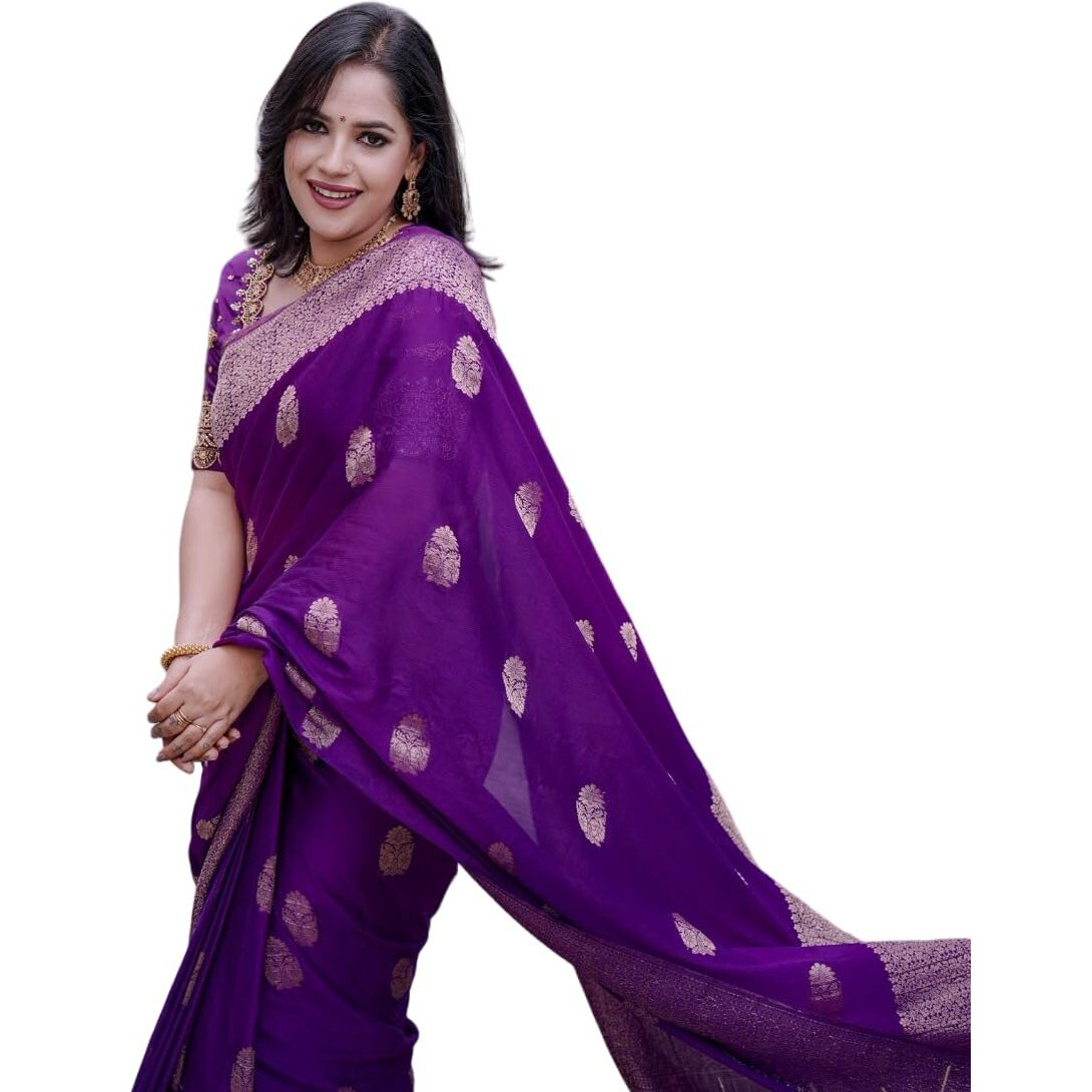 Flosive Women's Beautiful Purple Kanjivaram Pure Zari Woven Soft Silk Saree With Fancy Blouse