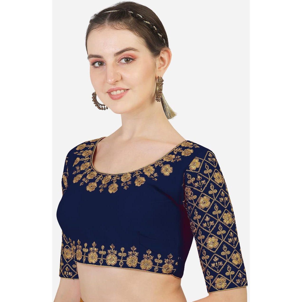 Pujia Mills Women's Phantom Silk Floral Half Sleeve Saree Blouse (Mbb_Navy_38 Size+Margin)