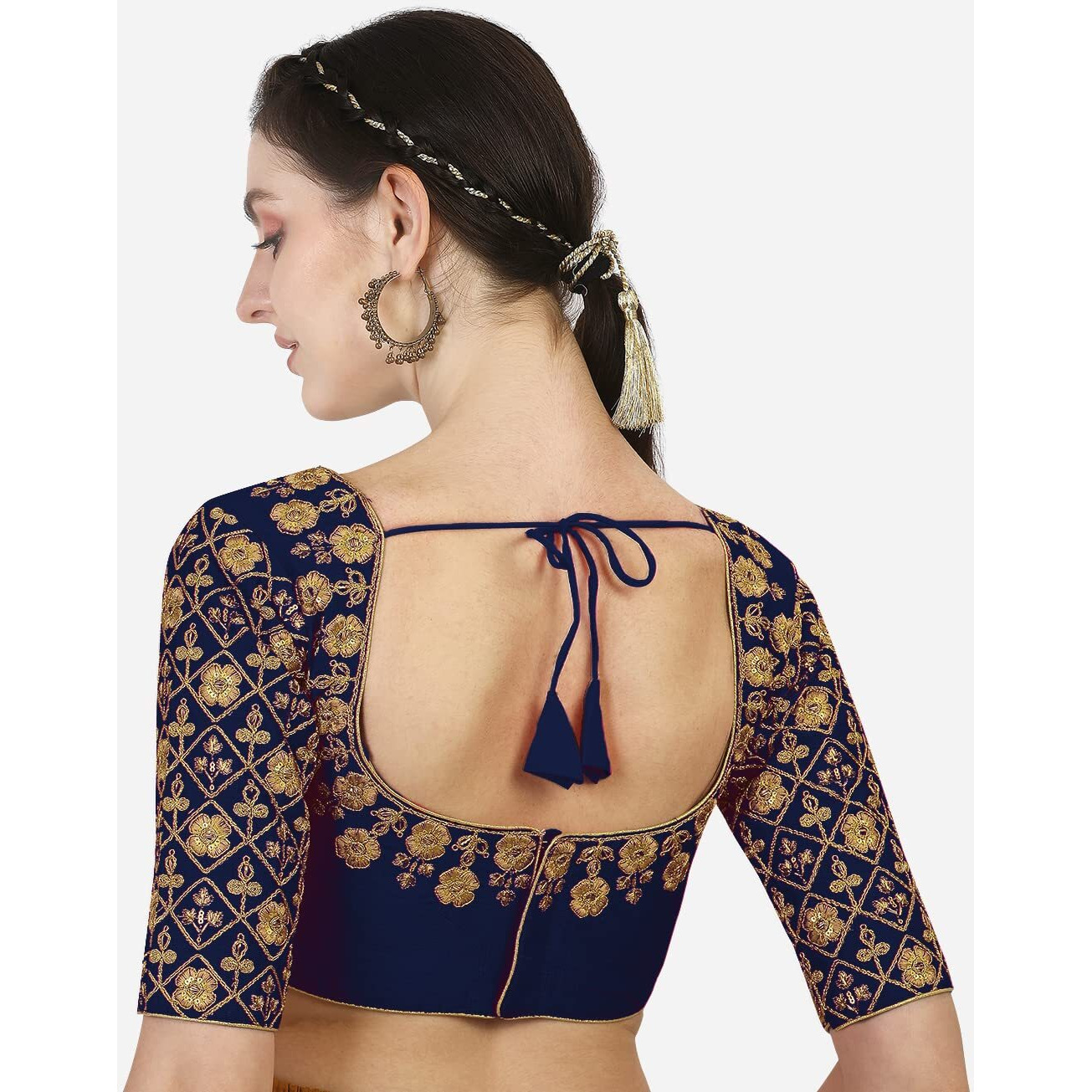 Pujia Mills Women's Phantom Silk Floral Half Sleeve Saree Blouse (Mbb_Navy_38 Size+Margin)