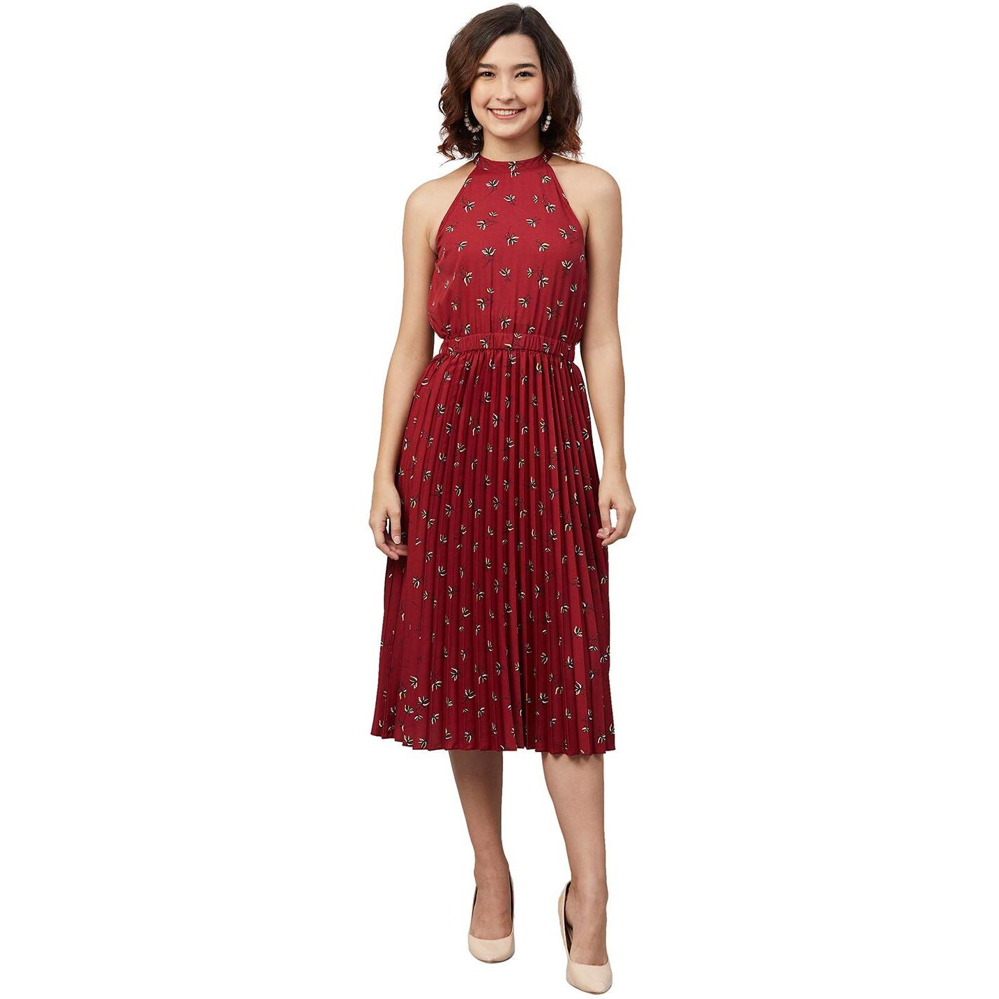 Rare Women's Crepe Fit And Flare Midi Casual Dress (Ep7013_Maroon_X-Large)