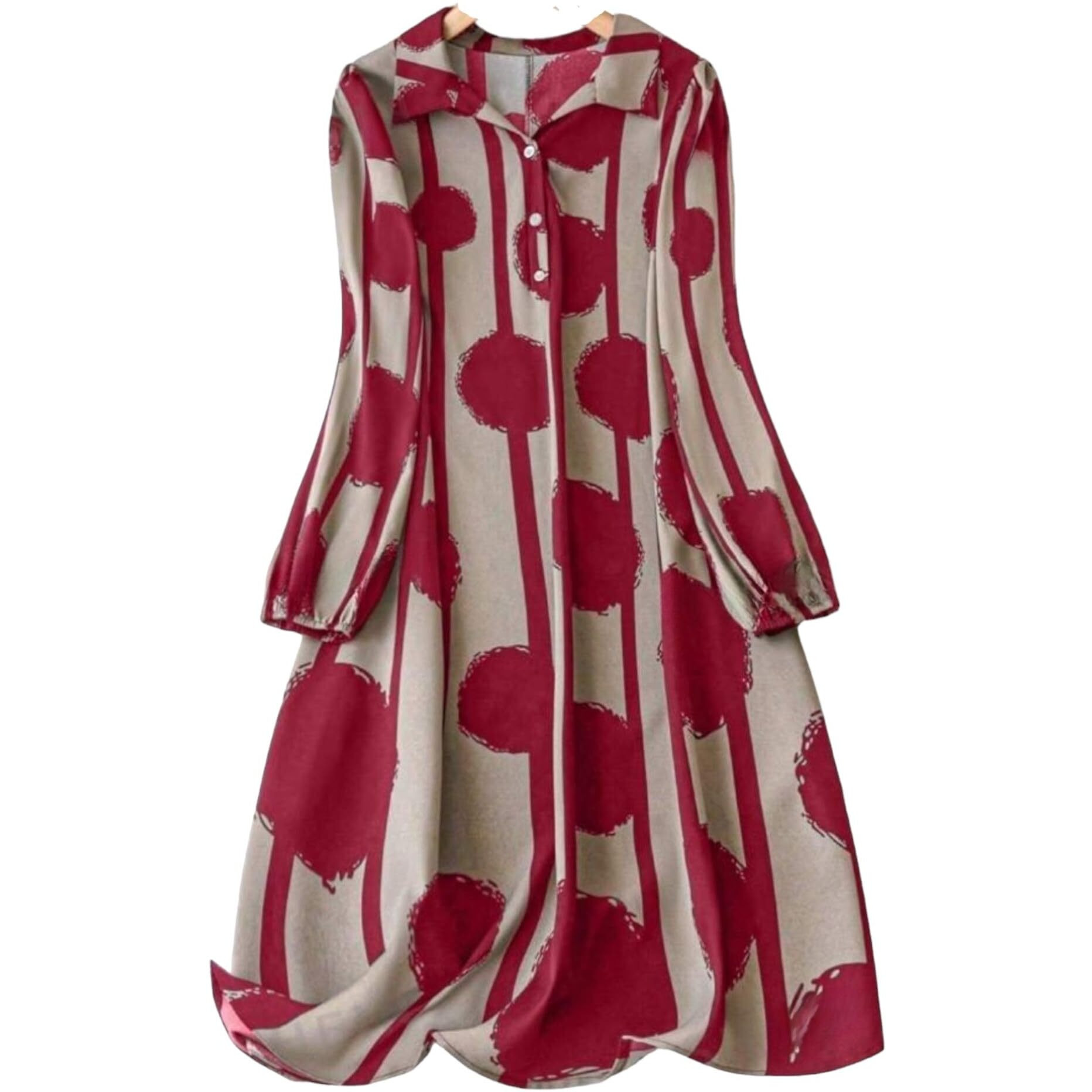 Gufrina Women's Full Sleeve Collar Neck Dress - Elegant Button-Down Midi Dress With Abstract Print (Maroon L)