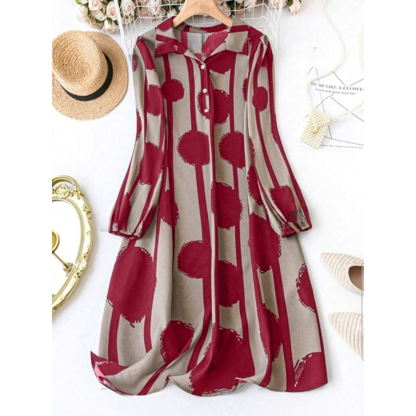 Gufrina Women's Full Sleeve Collar Neck Dress - Elegant Button-Down Midi Dress With Abstract Print (Maroon L)