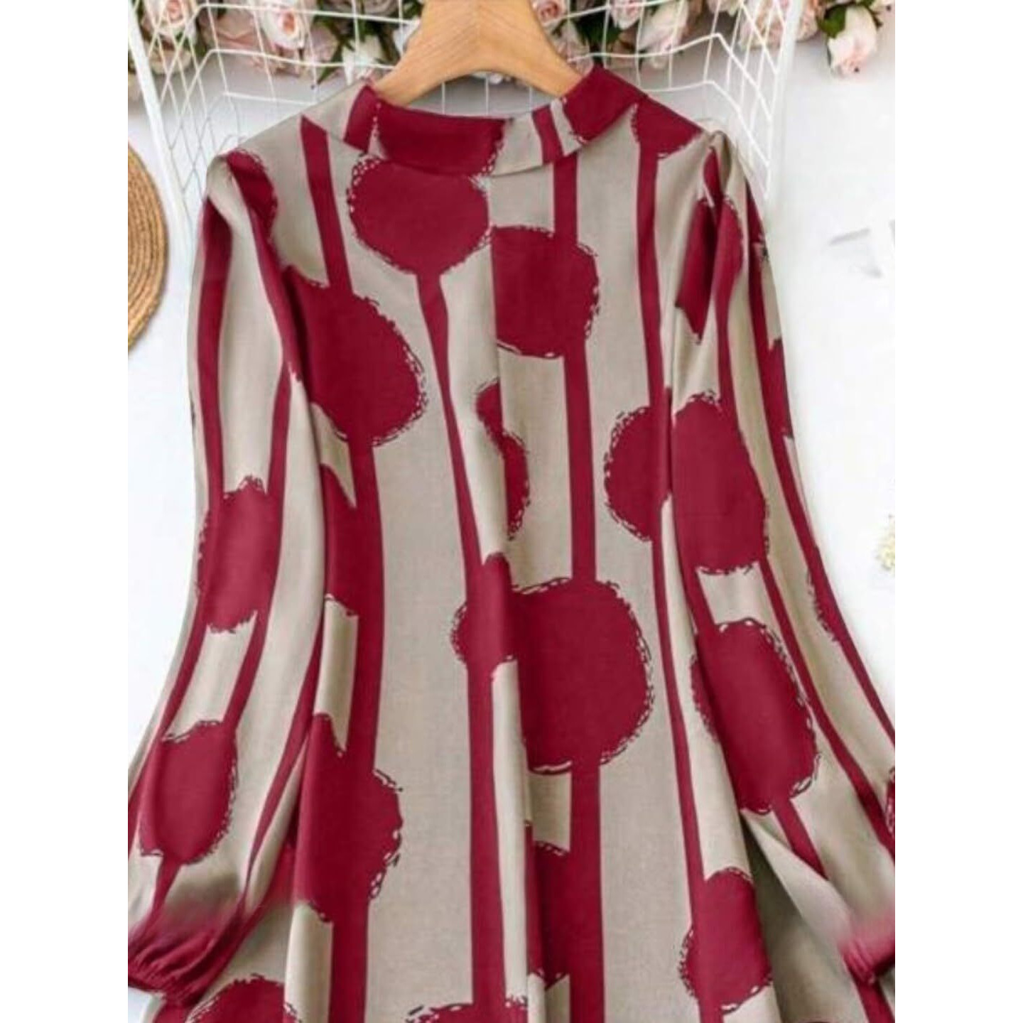 Gufrina Women's Full Sleeve Collar Neck Dress - Elegant Button-Down Midi Dress With Abstract Print (Maroon L)