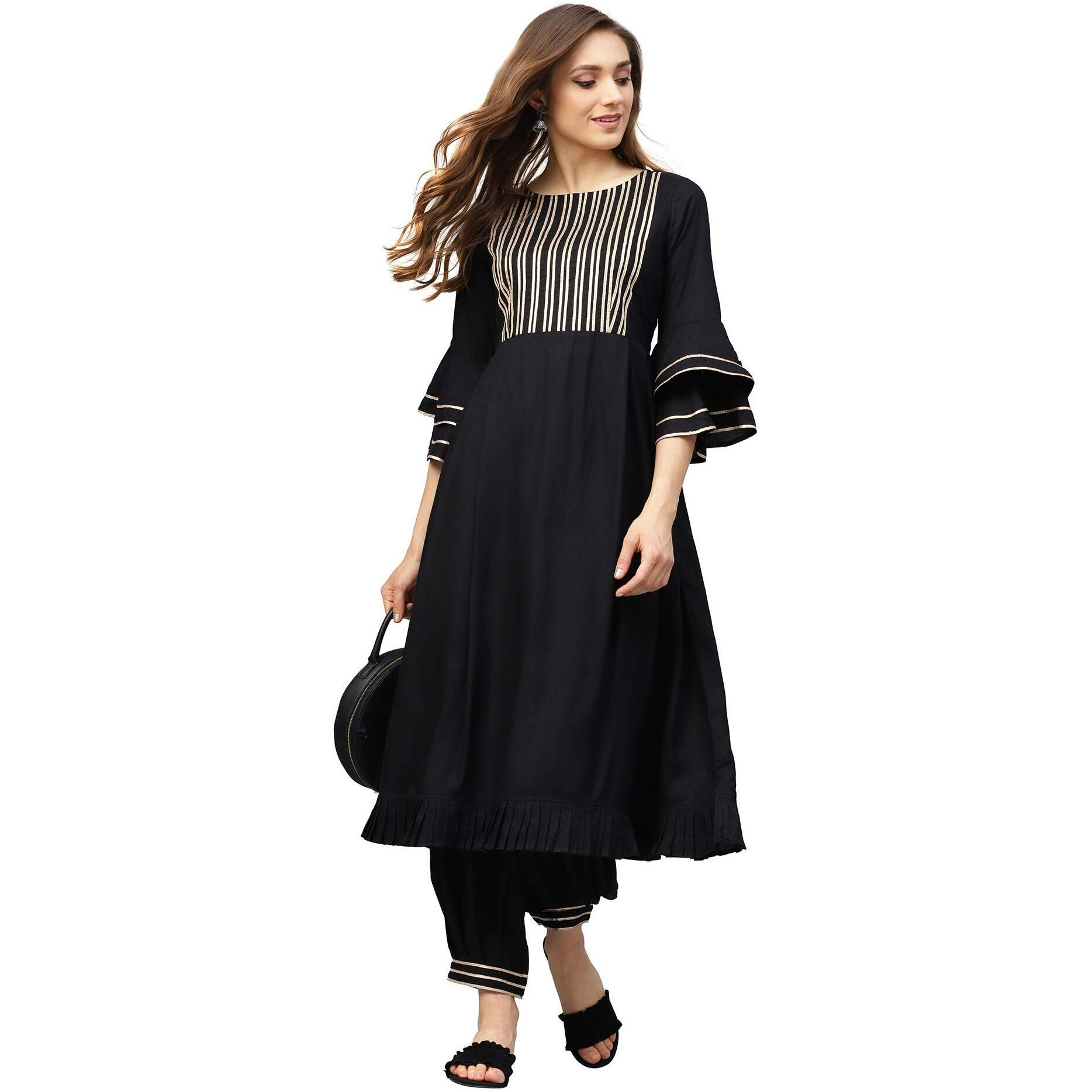 Idalia Black Pure Cotton 3/4 Sleeve Gota Work Printed Kurta Set For Women